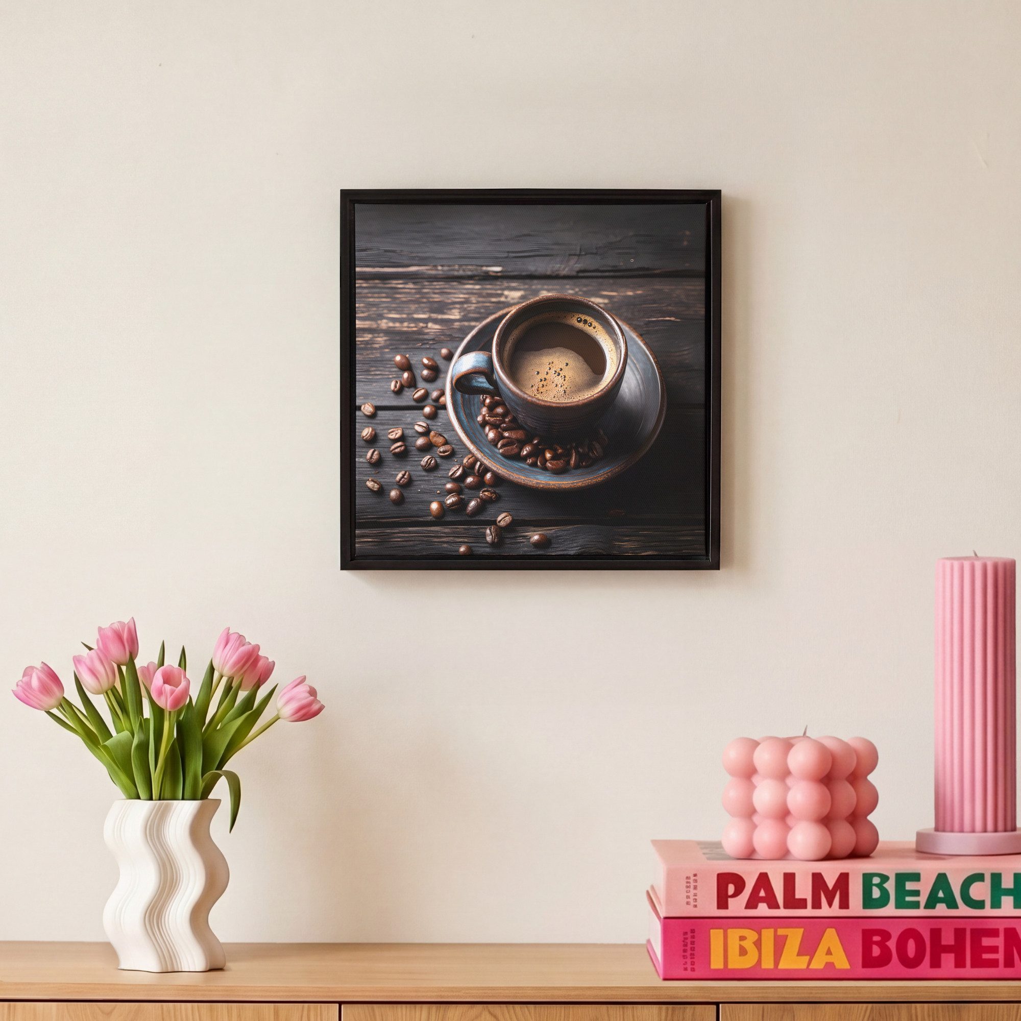 OneMillionCanvasses® Leinwandbild mit Rahmen - Tasse - Kaffee - Holz - Bohnen, Fotodruck (1 St), Wandbilder für Esszimmer, Wanddeko Bilder Küche, 20x20cm – Bild 4 von 5