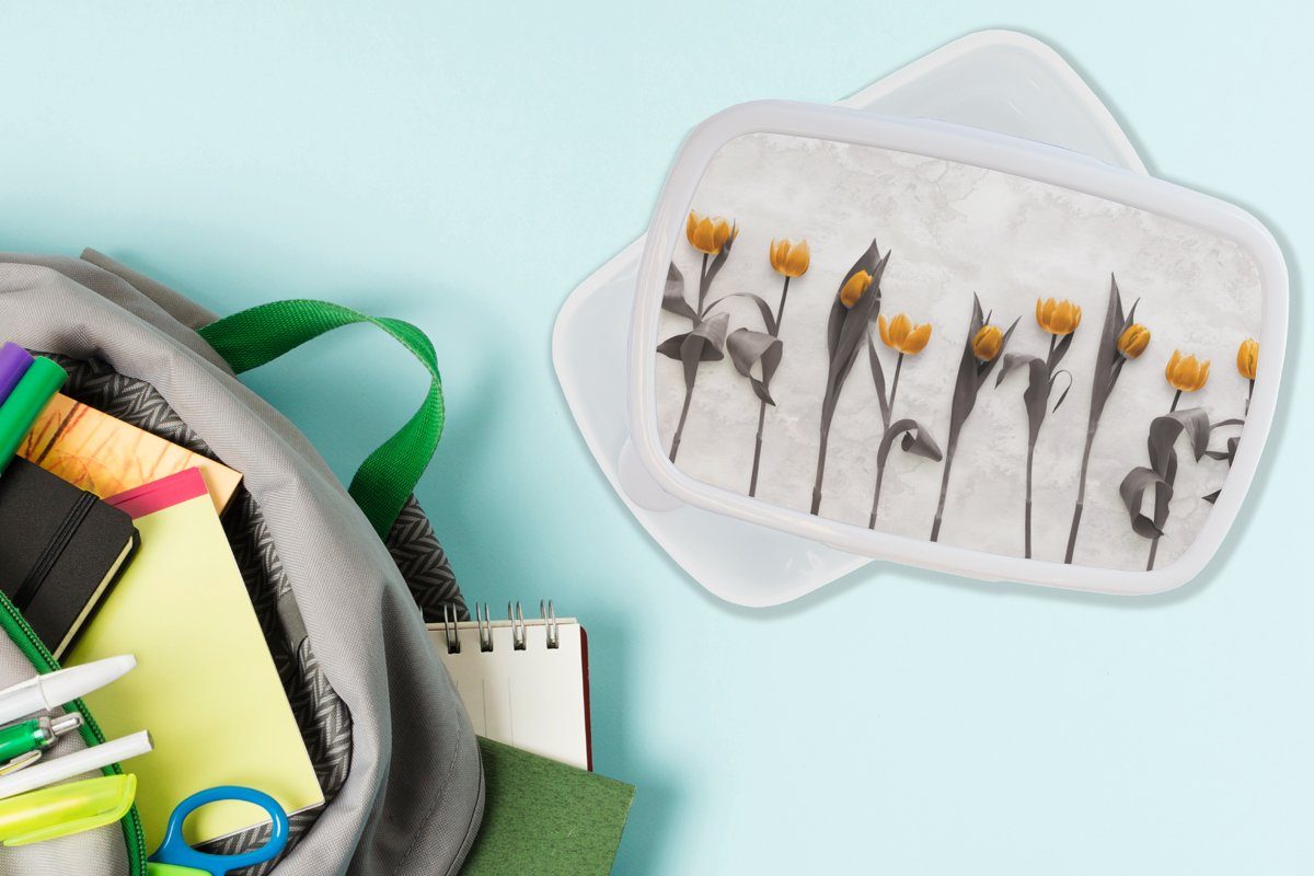 MuchoWow Lunchbox - Brotbox Tulpen Jungs weiß Kinder Erwachsene, - Kunststoff, und Mädchen Blumen für Marmor, (2-tlg), Brotdose, für und