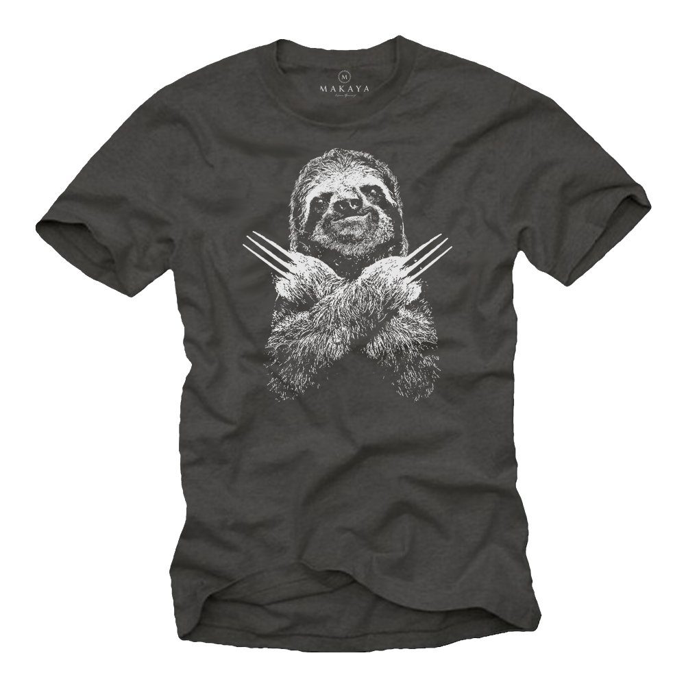 Grau Baumwolle Sloth Aufdruck T-Shirt Lustig MAKAYA Jungen Print Faultier aus Herren mit Männer Druck, Geschenke