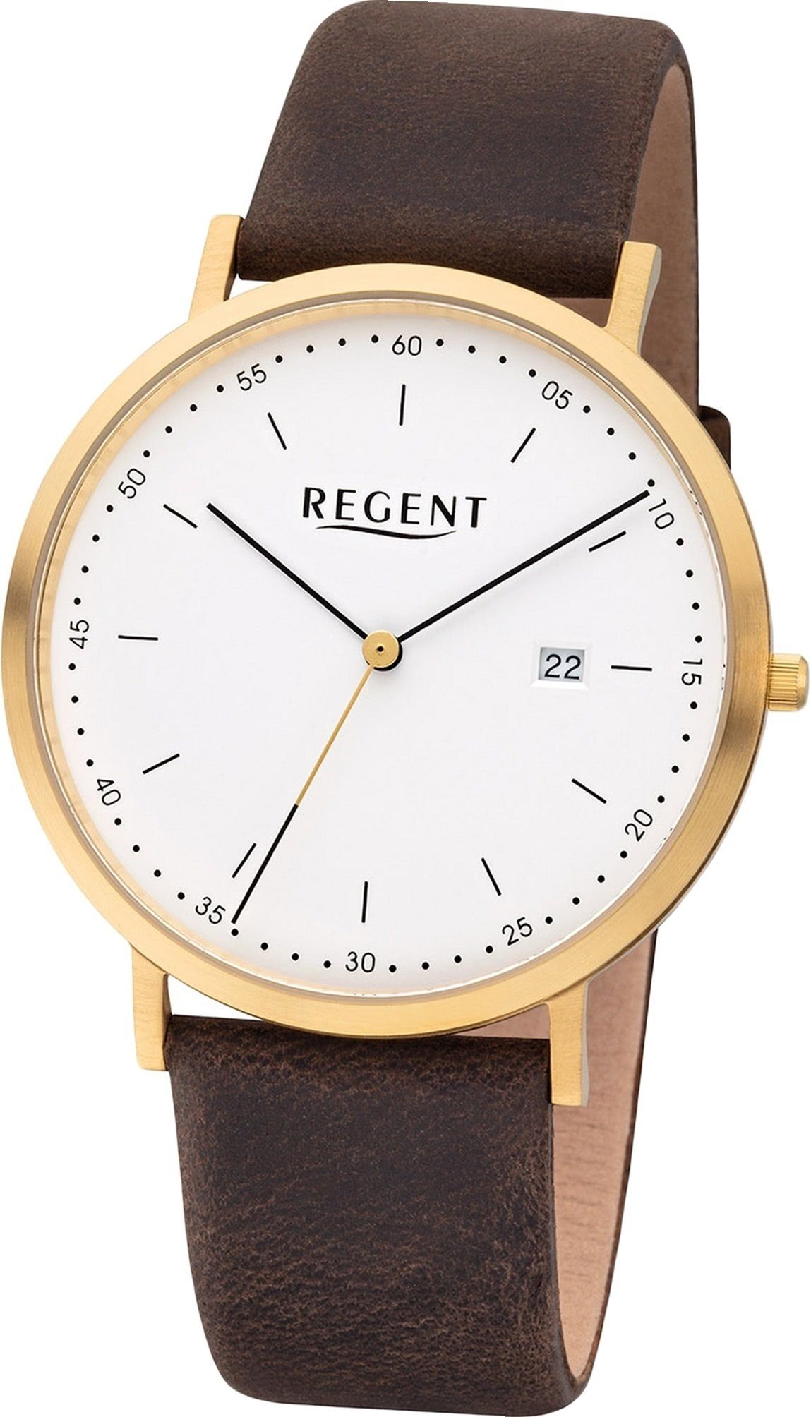 Regent Quarzuhr Regent Leder Herren Uhr F-1143 Analog, Herrenuhr Lederarmband braun, rundes Gehäuse, groß (ca. 40mm)