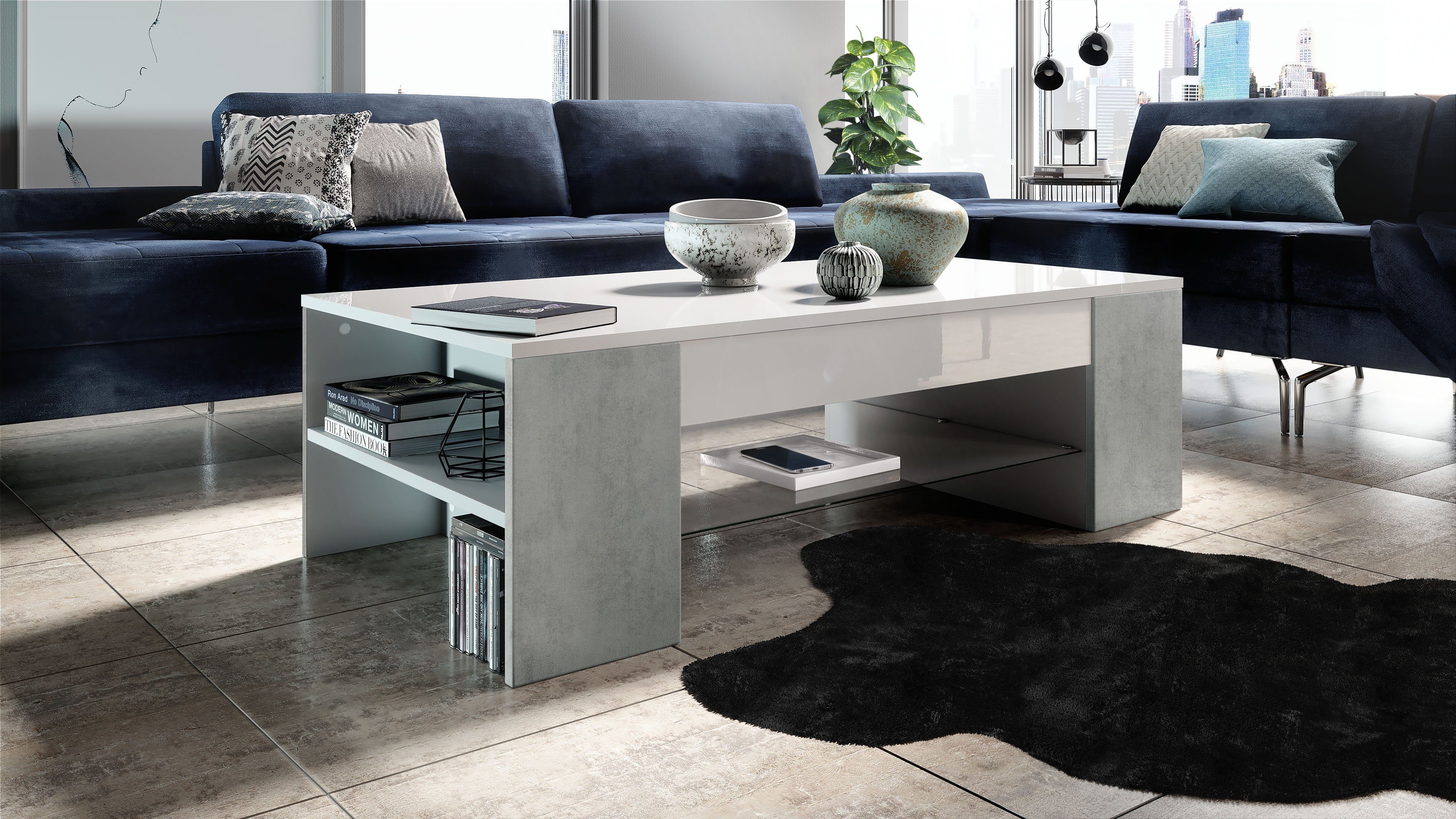 Vladon Couchtisch Clip (Wohnzimmertisch, mit 2 Seitenfächern und 1 Glasplat günstig online kaufen