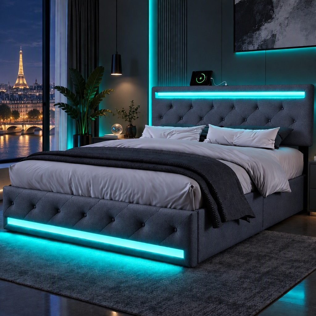 PXloue Polsterbett Modernes Polsterbett mit LED-Beleuchtung, Bettgestell mit USB-Anschluss und modernem Design 140x200 cm
