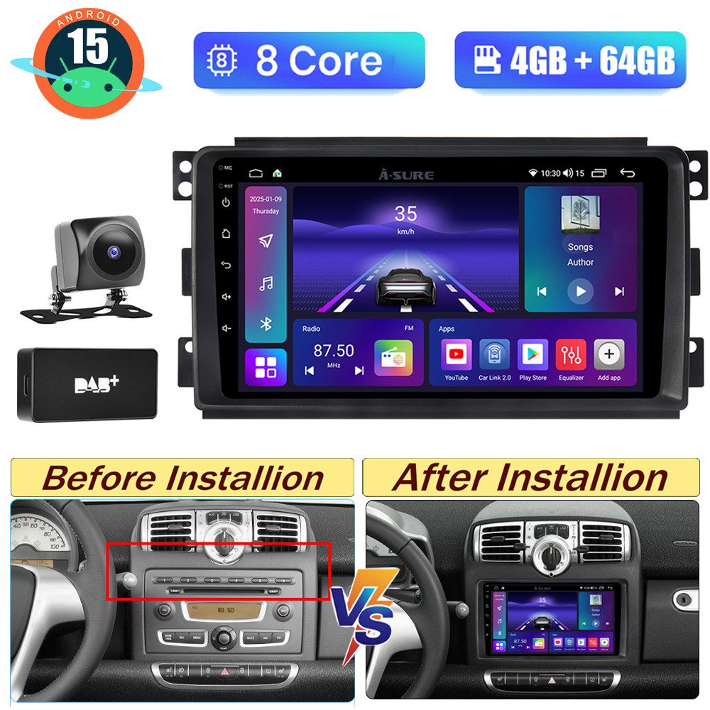 A-Sure Für Smart Fortwo 451 2005-2010 Android 15 4+64G GPS Navi Apple CarPlay Autoradio (Digitalradio (DAB), FM, AM, 1280*800 IPS Screen/8-Core CPU)