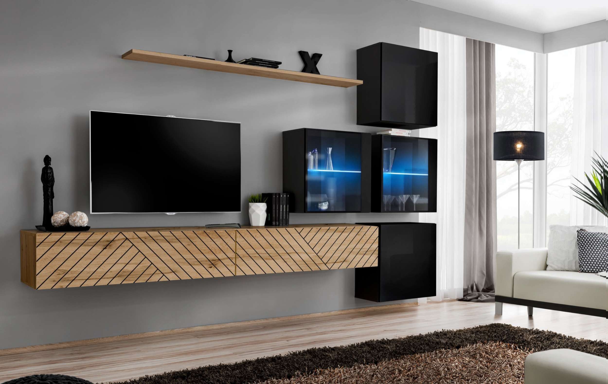 99rooms Wohnwand Swotch XIX L, (Set (7 St), Wohnzimmer-Set), bestehend aus 2×Lowboard, 4×Wandschrank, 1×Wandboard, hängend