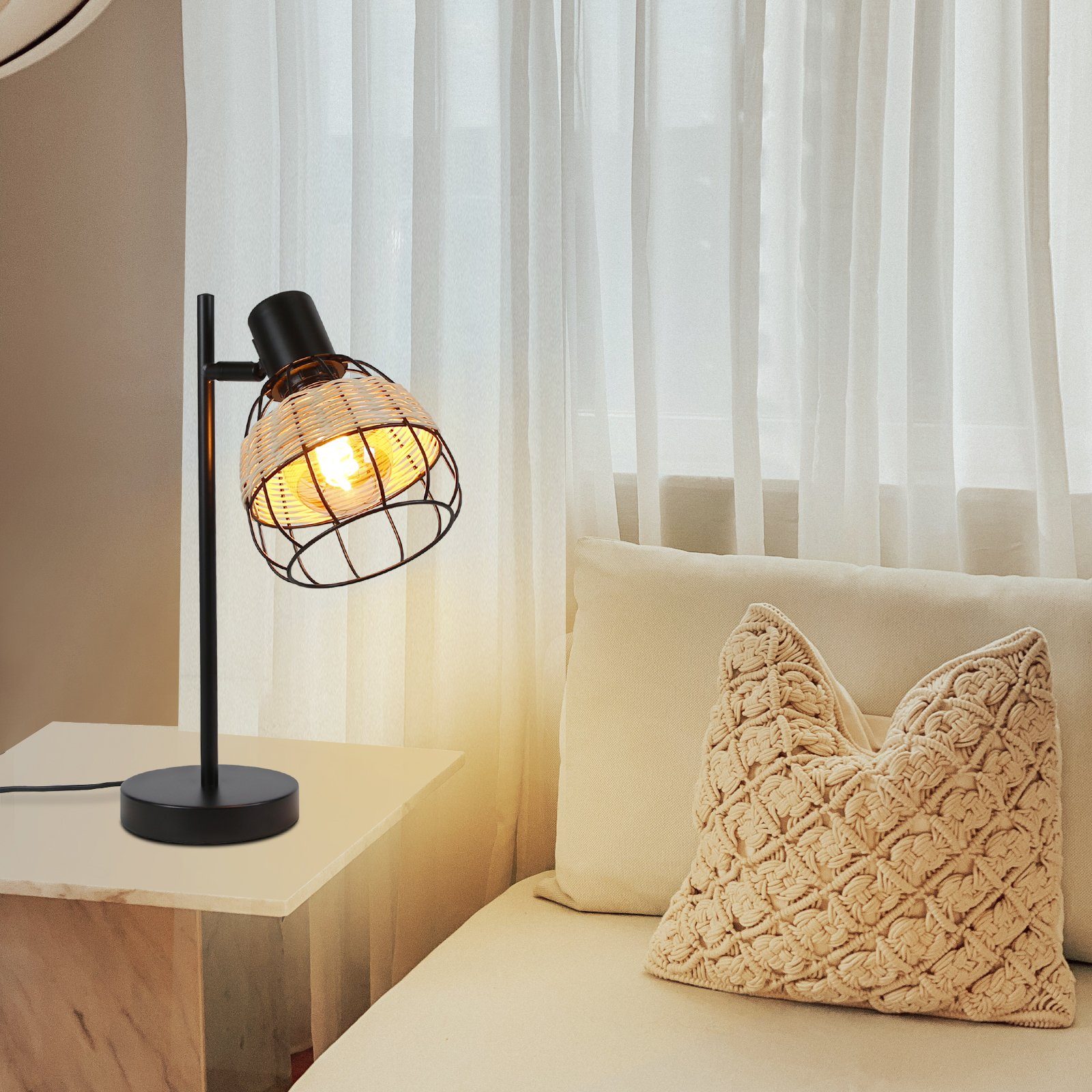 Nettlife Tischleuchte Schwarz E27 Rattan Nachttischlampe günstig online kaufen