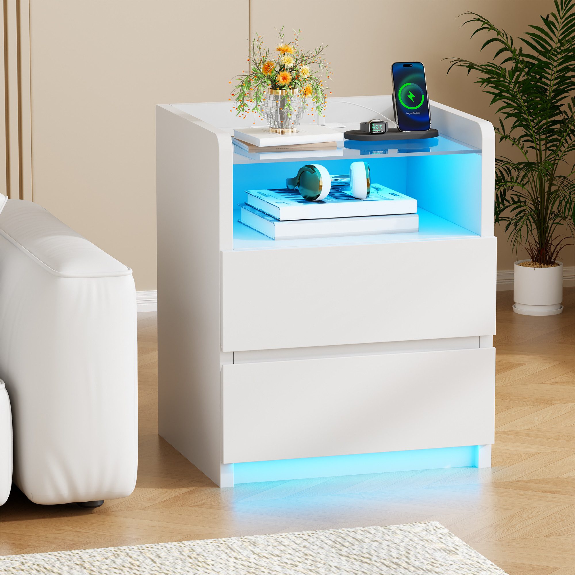 BEWISHOME Nachttisch 2er Set mit RGB-LED-Beleuchtung und Ladestation, 40x35x60 cm (2-St), Gehärtete Glasplatte, 2 Schubladen & Offenes Fach – Bild 4 von 5