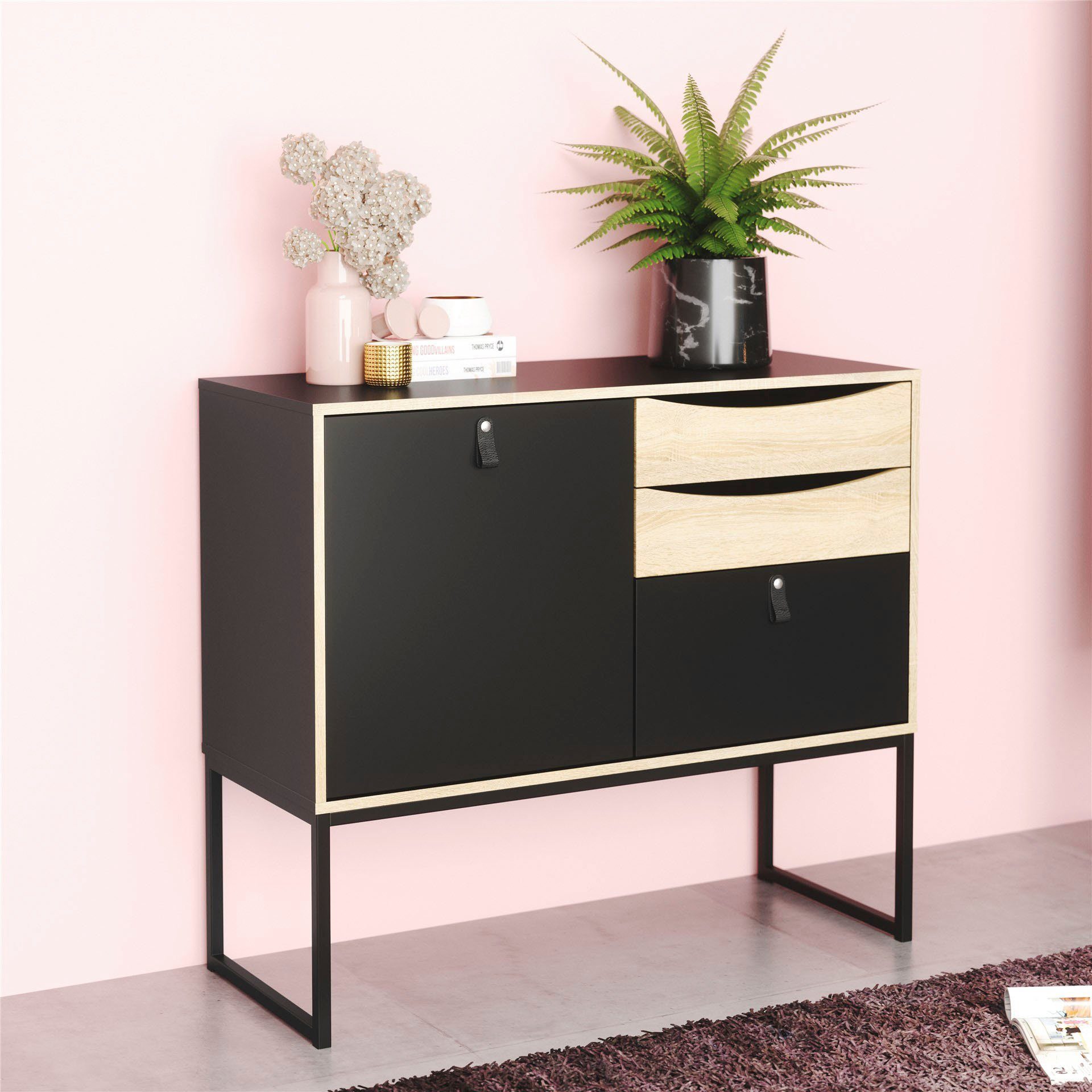 Home affaire Sideboard Stubbe, mit Tür und 3 Schubladen, Ledergriffe für die Tür, Breite 98,7 cm