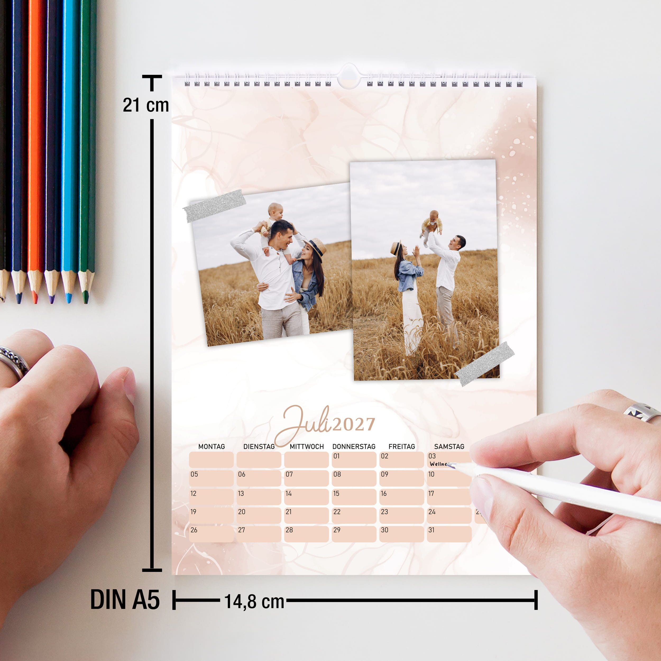 TOBJA Kalender zum Selbstbasteln DIY Foto-Kalender 2027 A5 Bloom Bastelkalender rosa Pärchen Geschenk, Florales rosa Design, von/für-Cover, 250g FSC, alle Stifte, A5