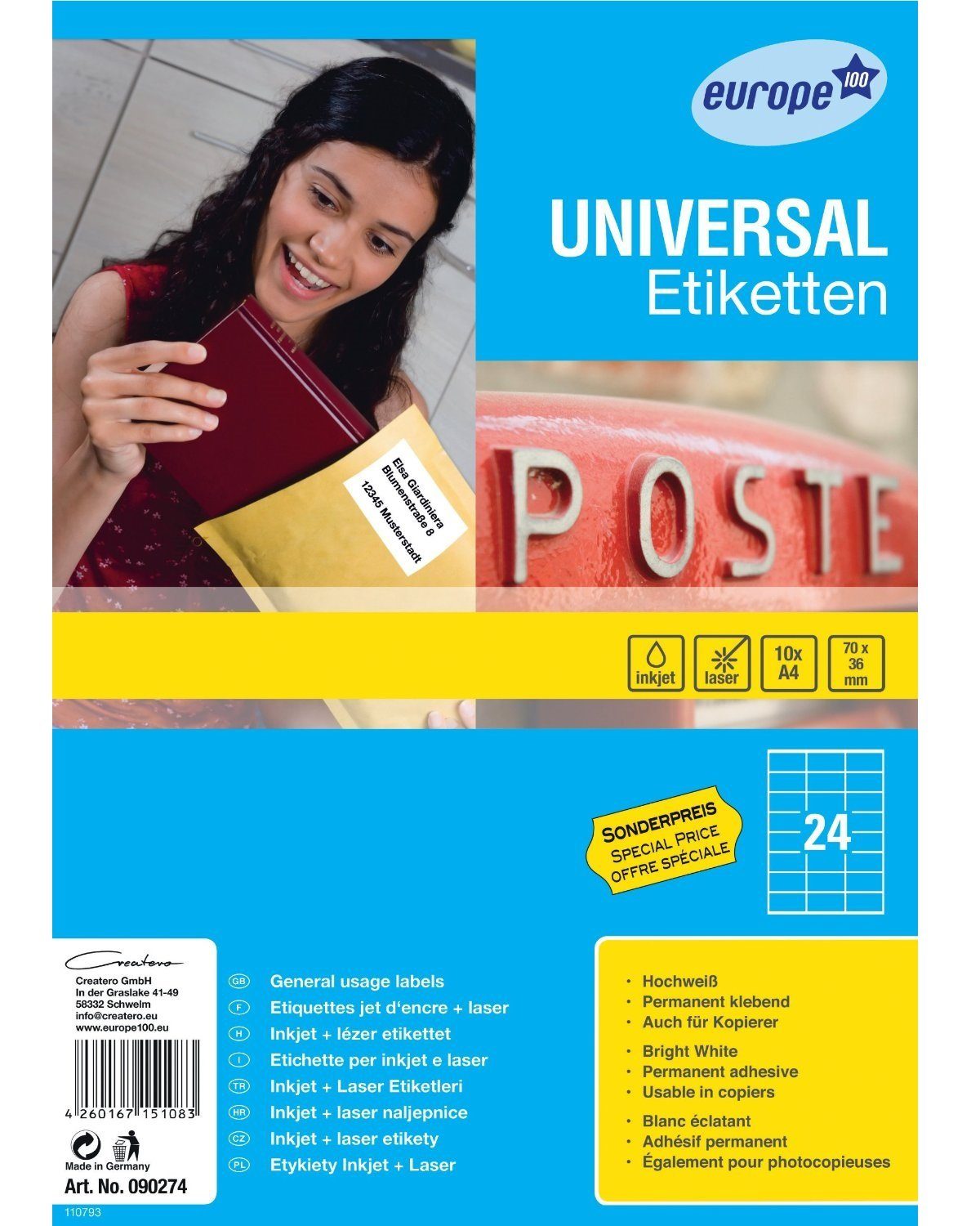 Avery Zweckform Etiketten 240x Universal Etiketten Weiß A4 Drucker, Selbstklebend 10x Bogen je 24x 70x36 Adressaufkleber Brief-Umschlag