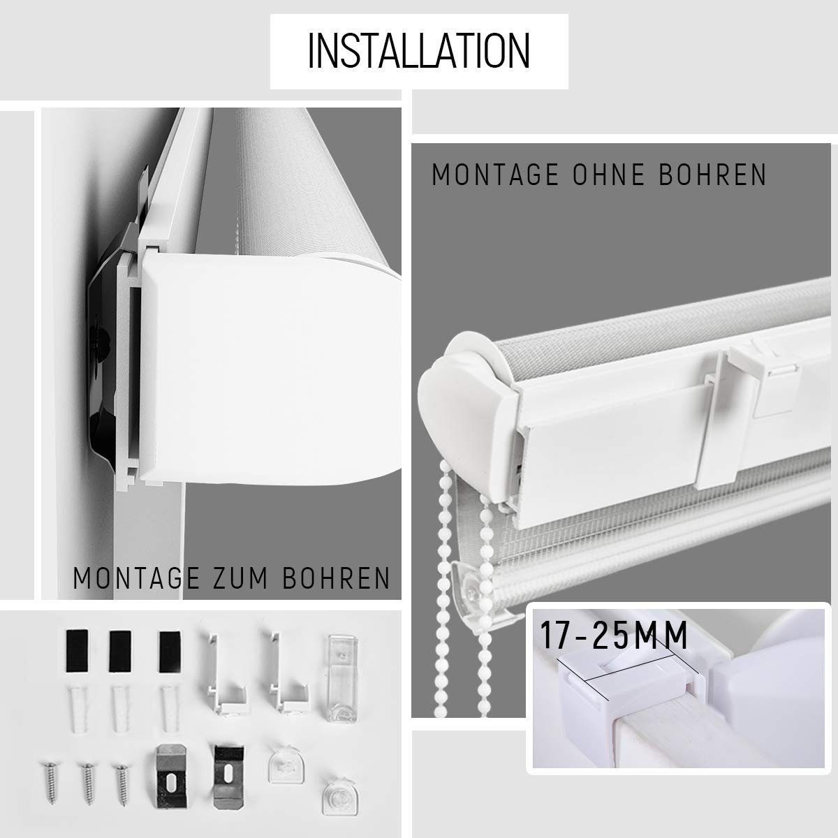 Doppelrollo doppelrollo Klemmfix ohne Bohren, OUBO, verdunkelnd, verspannt, Klämmträger, Lichtschutz schnelle und einfache Montage mit beiliegendem – Bild 5 von 5