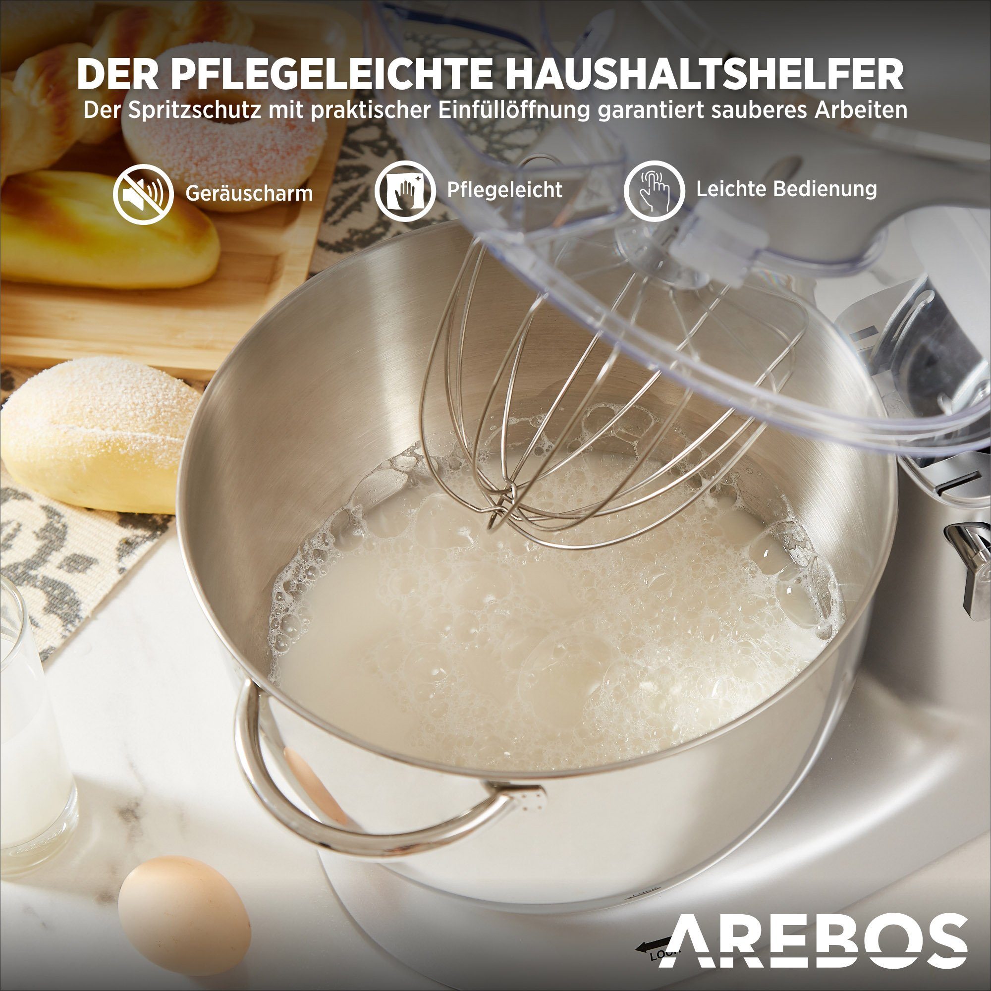 Arebos Küchenmaschine Edelstahl-Rührschüssel, 6 Geschwindigkeiten, W, l 1500 8,00 Schüssel silber