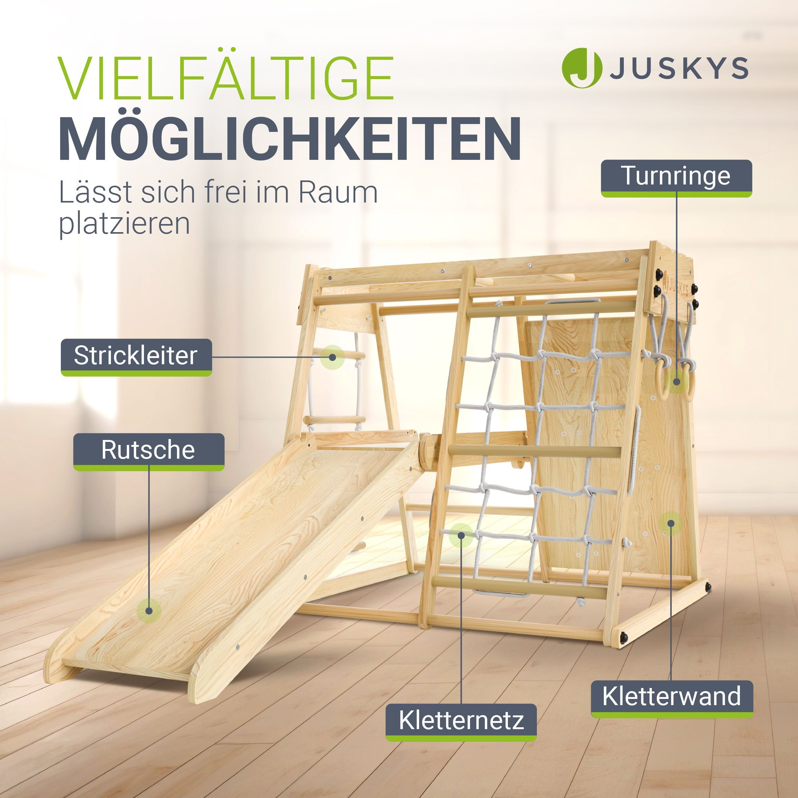 Juskys Klettergerüst Mini, für Kinder, Holz, Indoor Spielplatz klappbar, Rutsche & Kletterwand