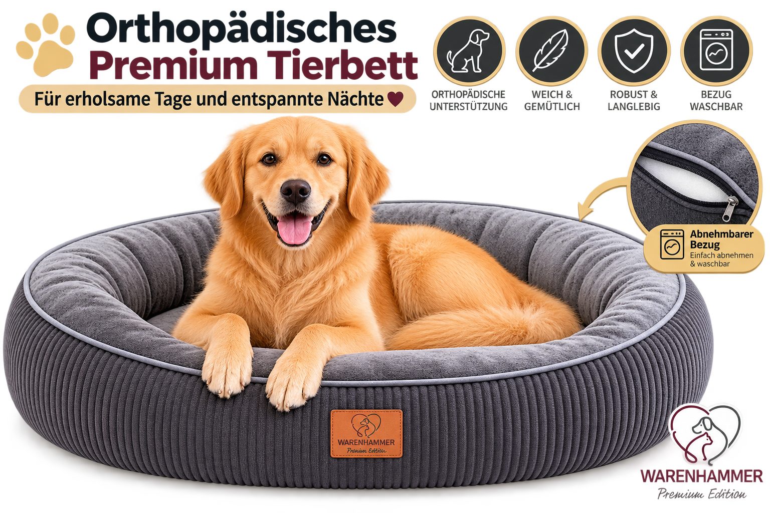 Warenhammer Hundebett Orthopädisches Premium Hundebett, flauschig weich, abnehmbar/waschbar, gepolsterter Rand ca. 15-17 cm hoch, weiches Flanell / herausnehmbare Innenmatratze