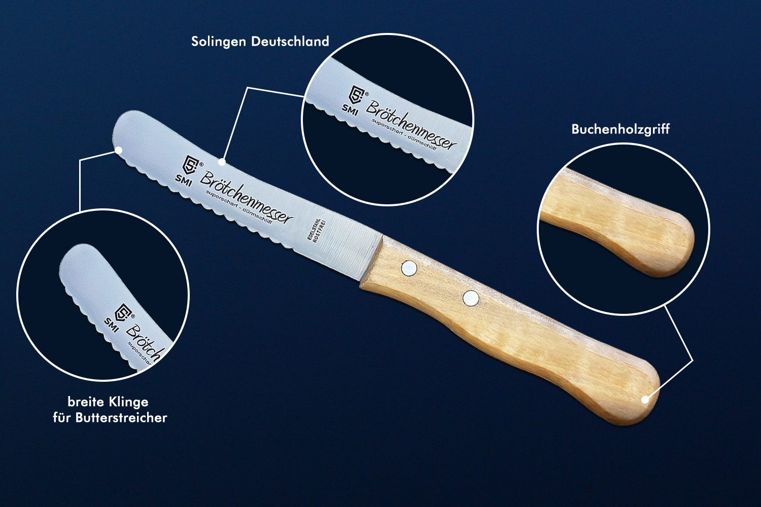 SMI Brötchenmesser Buttermesser Wellenschliff Buchenholz Frühstücksmesser Buckelsmesser, nicht spülmaschinenfest