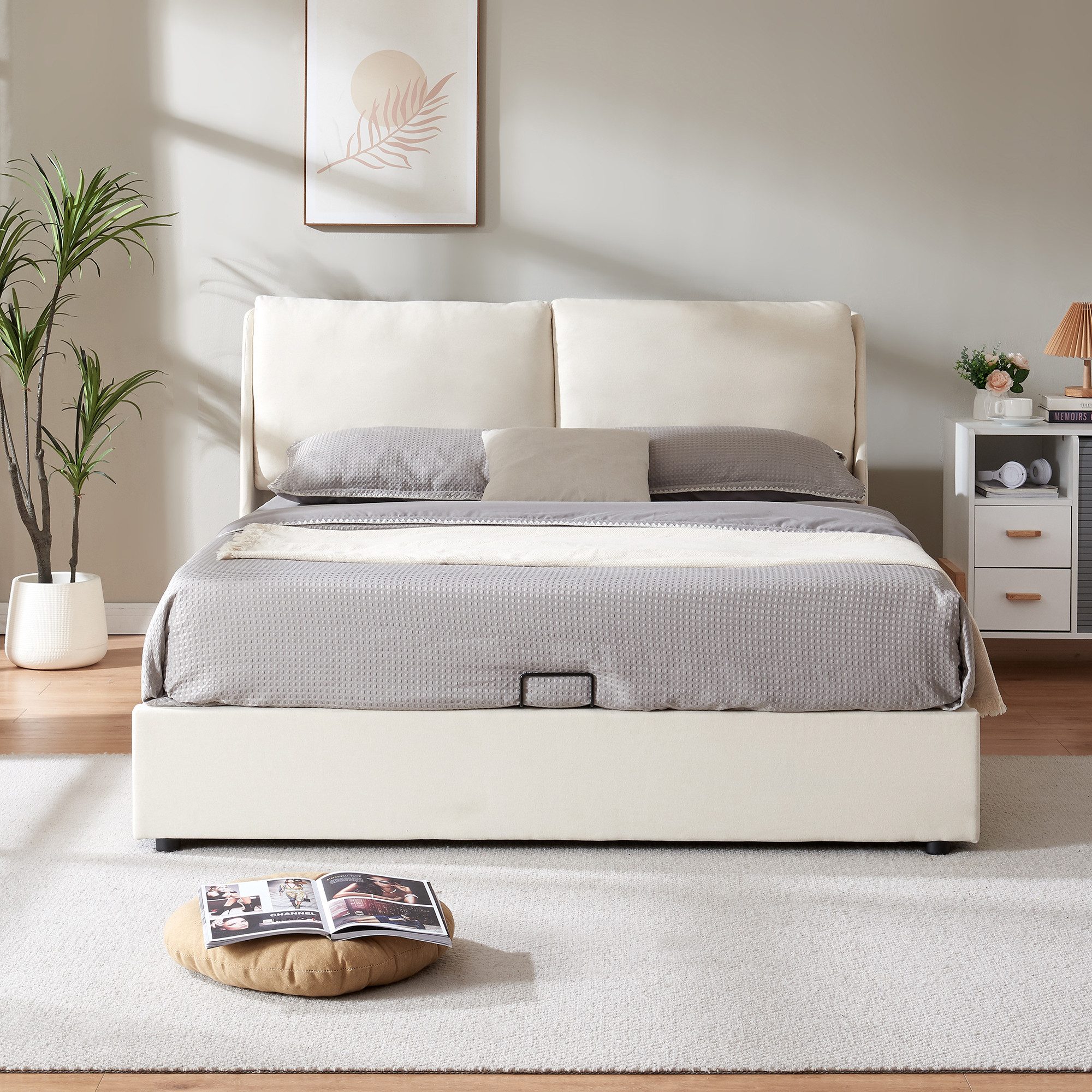 en.casa Polsterbett, »Lunner« Doppelbett mit Bettkasten 160 x 200 cm Beige