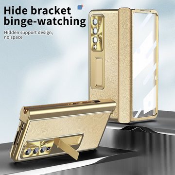 Wigento Handyhülle Für Samsung Galaxy Z Fold4 5G Magnetische Kunststoff / Glas Handy Tasche Hülle Etuis Champagner / Gold + Stift