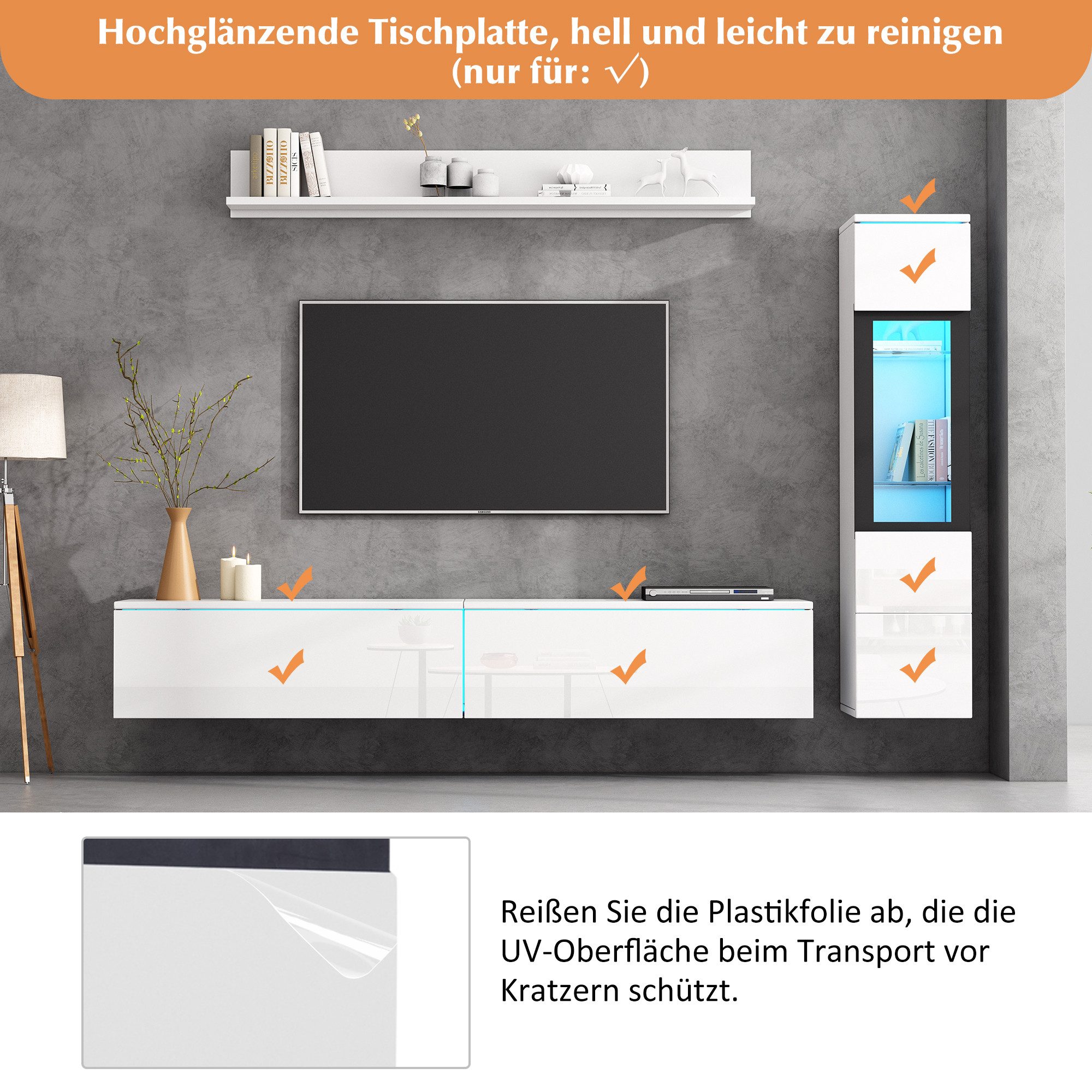 Thanaddo TV-Schrank TV-Wand 3-teilig, 1 x TV-Schrank, 1 x Wohnzimmervitrine, 1 x Wandregal