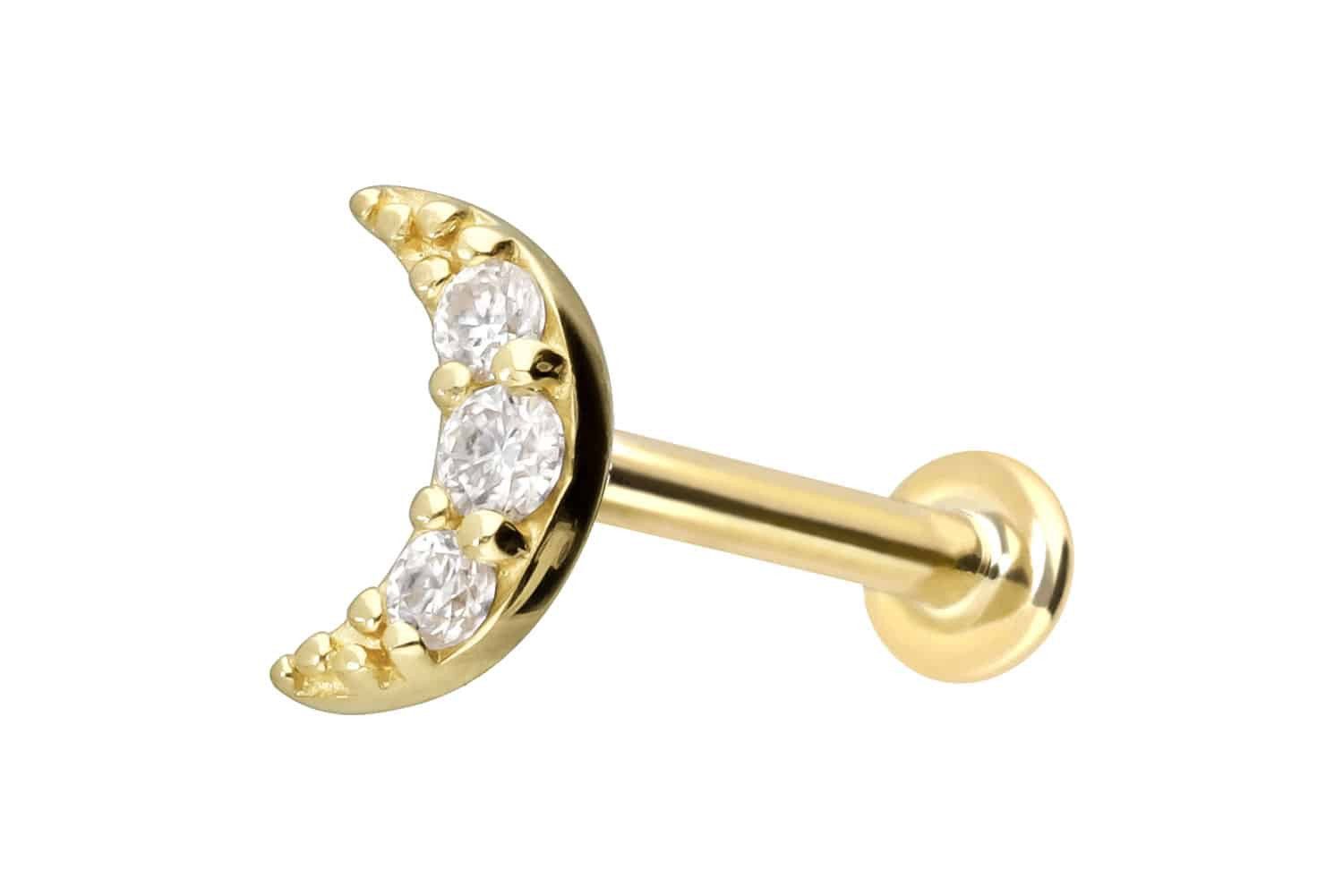 Piercing-Set 14 Karat Gold Labret mit Innengewinde MOISSANIT-MOND