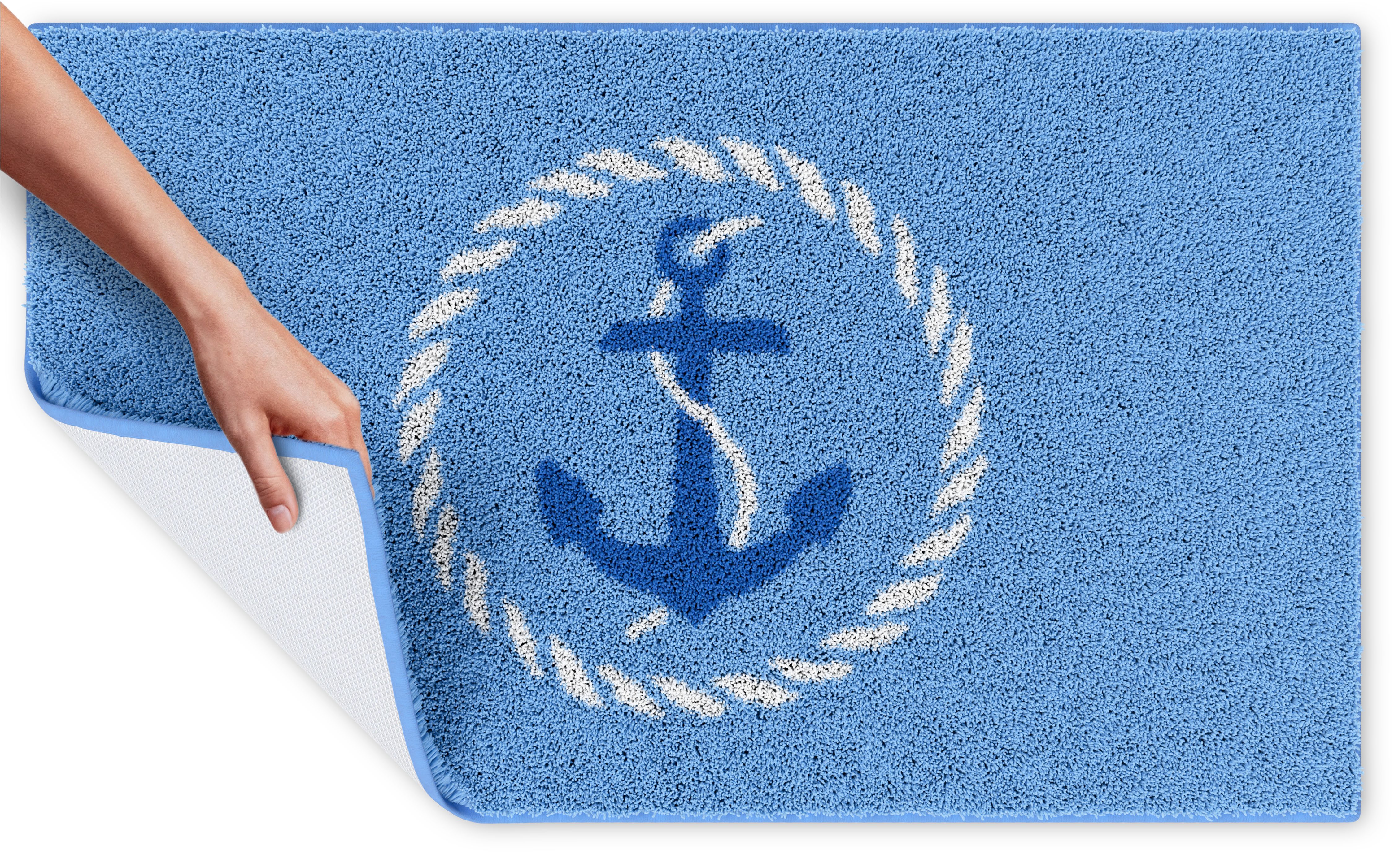 Grund Badematte Port Louis, Höhe 20 mm, rutschhemmend beschichtet, fußbodenheizungsgeeignet, Kunstfaser, rechteckig, Design mit Anker, maritim, Made in Europe