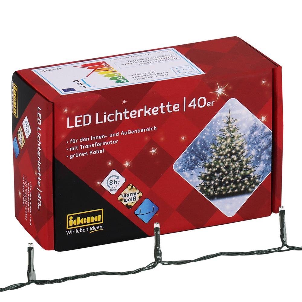 Idena LED-Lichterkette, 40-flammig, warmweiß, 12 m, mit 8h-Timer, für Innen- und Außenbereich