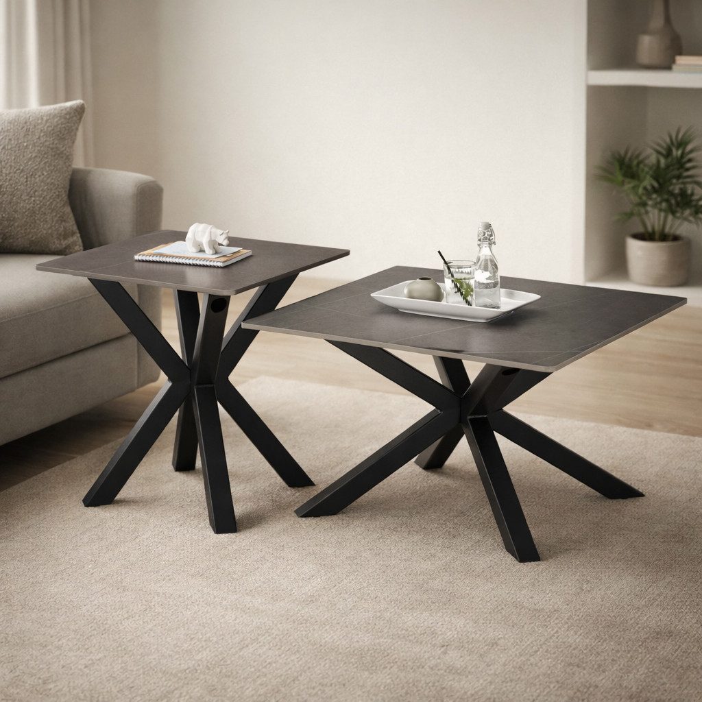 möbelando Couchtisch Janin (2er-Set), (2er-Set) Steinoptik-grau / schwarz- 80x45x80 / 55x55x55 (B/H/T)