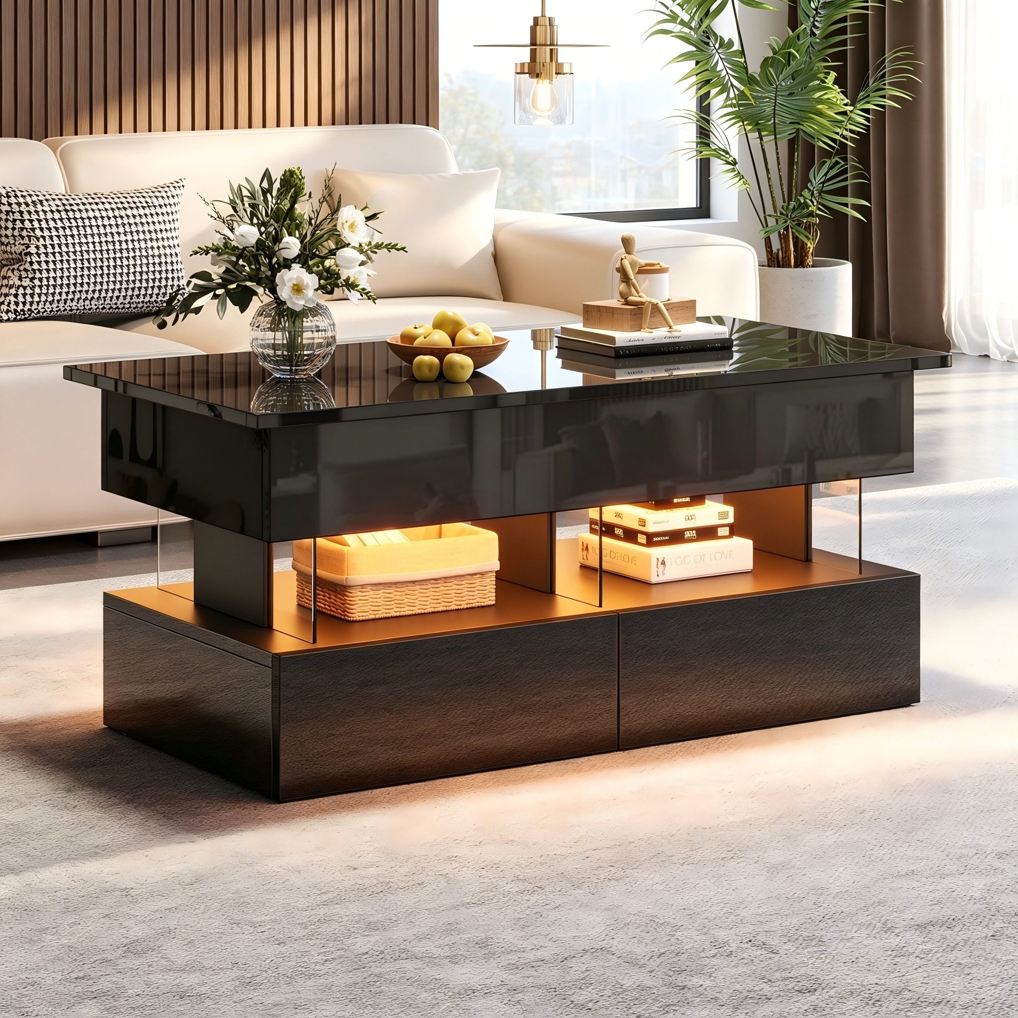 STILVORA Couchtisch Hochglanz-Beistelltisch mit LED Sofatisch mit erstecktem Stauraum (Couchtisch mit Hubfunktion, LED, Schubladen, 100×50×46 cm, 2 Schubladen, MDF + gehärtetes Glas), Für Wohnzimmer, Homeoffice, Lesen und gemütliche Abende
