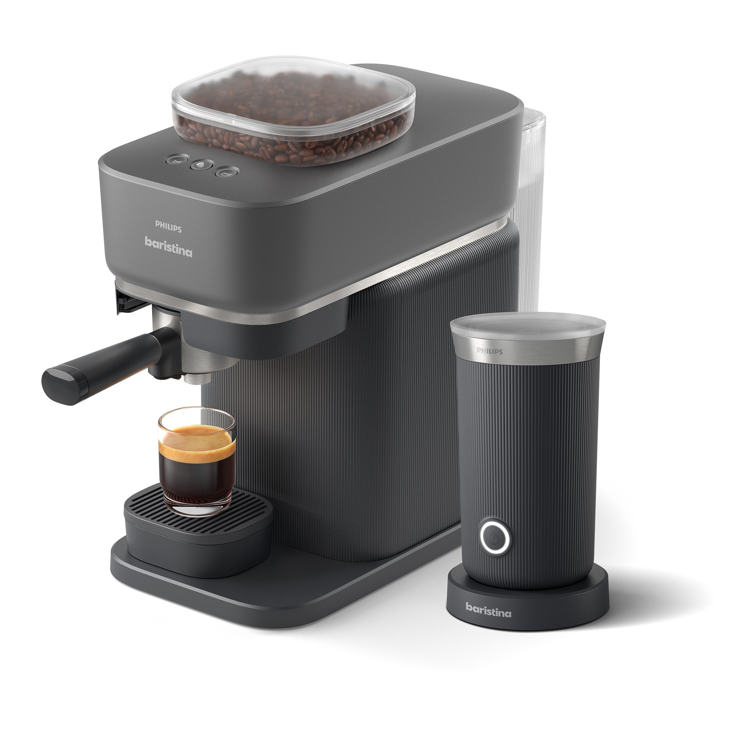 PHILIPS baristina Espressomaschine BAR303/60 mit Mahlwerk für ganze Bohnen, Milchaufschäumer inkl., 16 bar Pumpendruck, Schwarzgrau