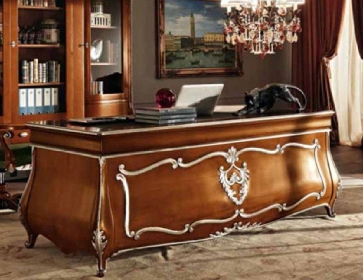 Casa Padrino Luxus in Qualität - Edler Braun Möbel / Barock - Schreibtisch Luxus Made Bürotisch Schreibtisch Italy - Barock - Massivholz Büro Silber