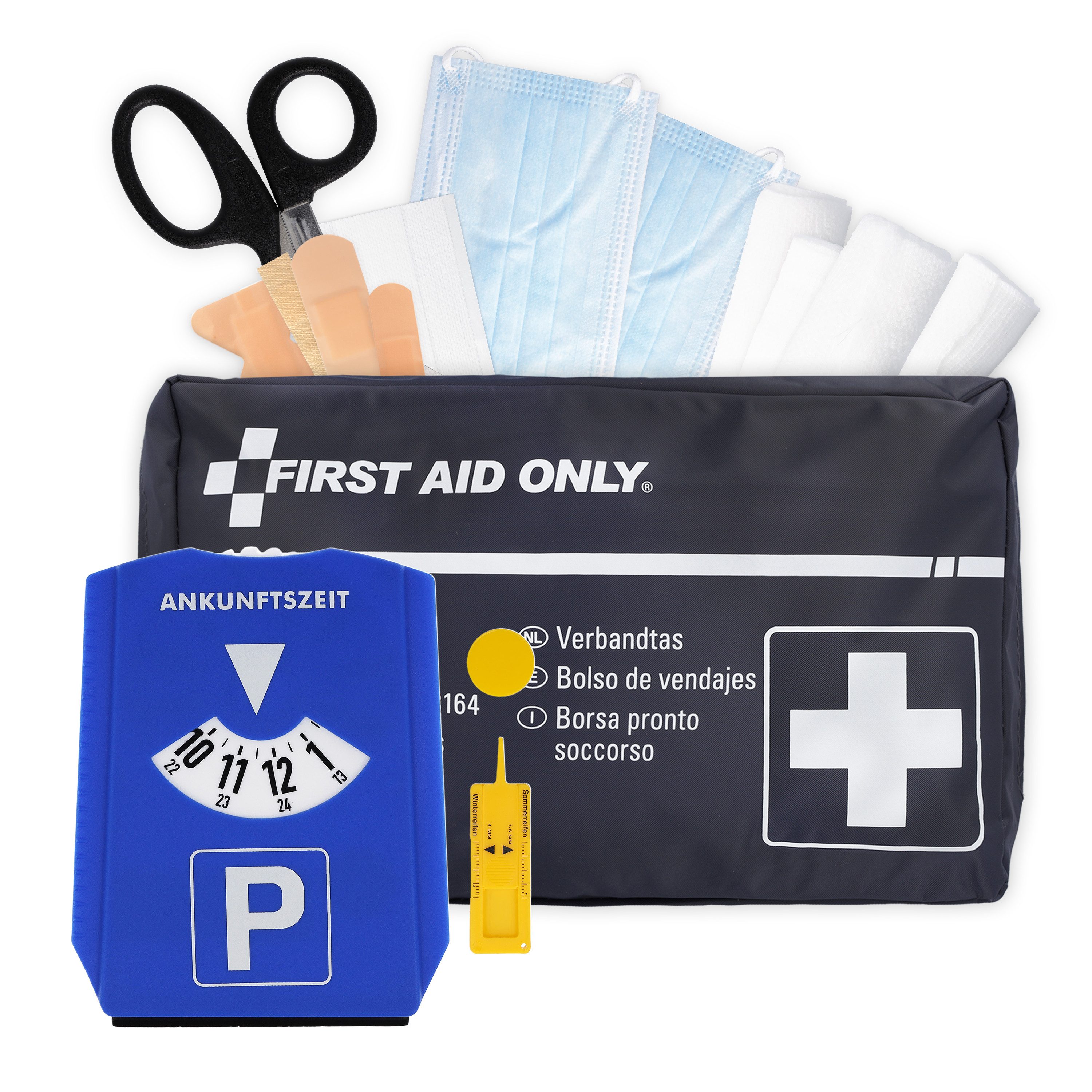 FIRST AID ONLY® KFZ-Verbandtasche Set DIN 13164 inkl. 5-in-1 Parkscheibe, Auto Verbandskasten, (Bundle), Notfalltasche für Auto und Motorrad