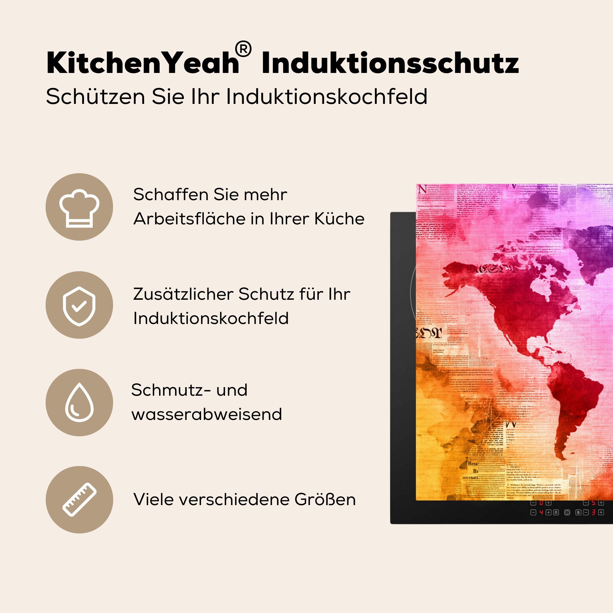 Ceranfeldabdeckung Induktionskochfeld küche, 81x52 MuchoWow (1 Regenbogen, Schutz Weltkarte Vinyl, die - - für Herdblende-/Abdeckplatte cm, Aquarell tlg),