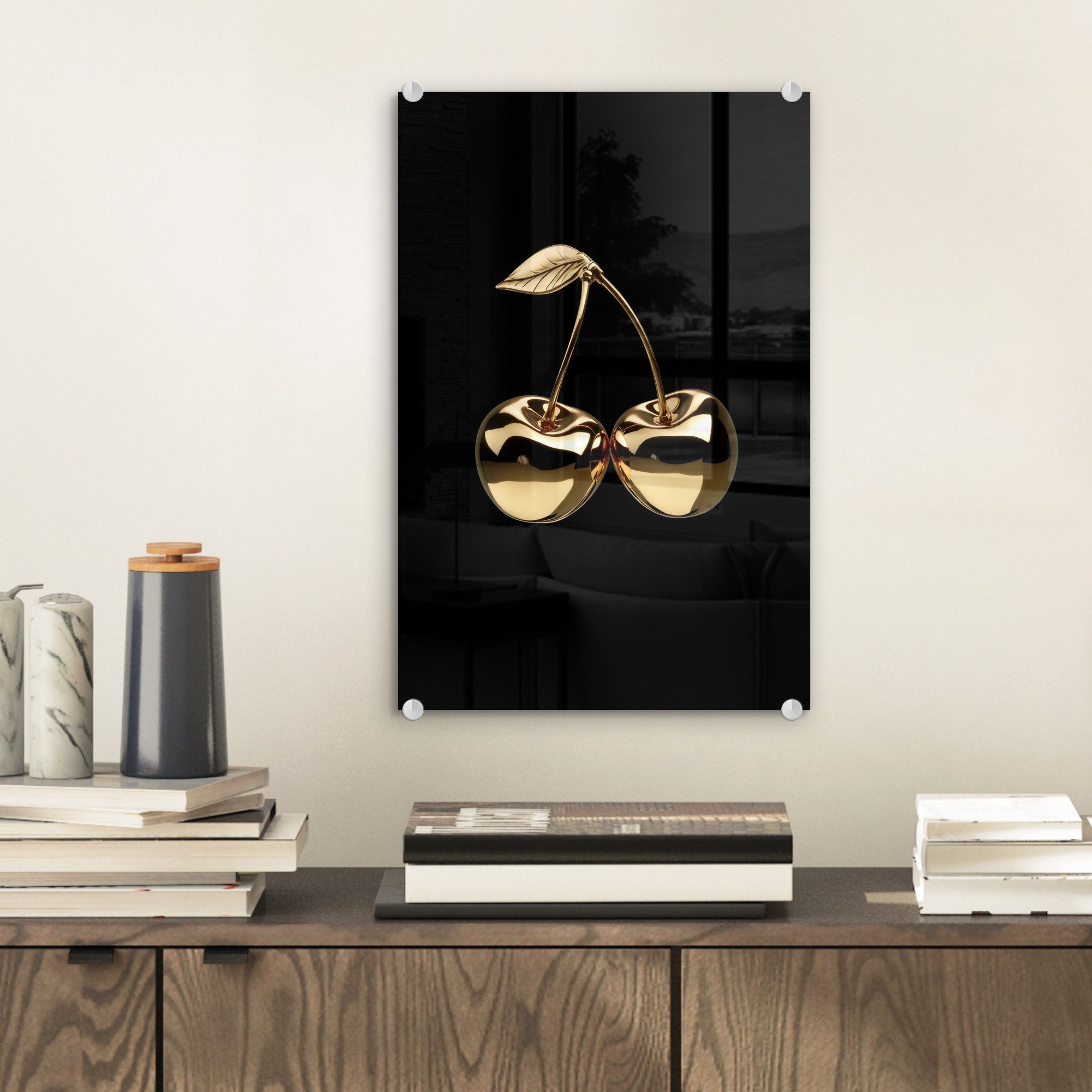 MuchoWow Acrylglasbild Kirsche - Schwarz - Gold - Chrom, Inkl. Aufhängung, Dekorative Bild für Küche & Wohnzimmer auf Glas, 20x30 cm – Bild 2 von 5