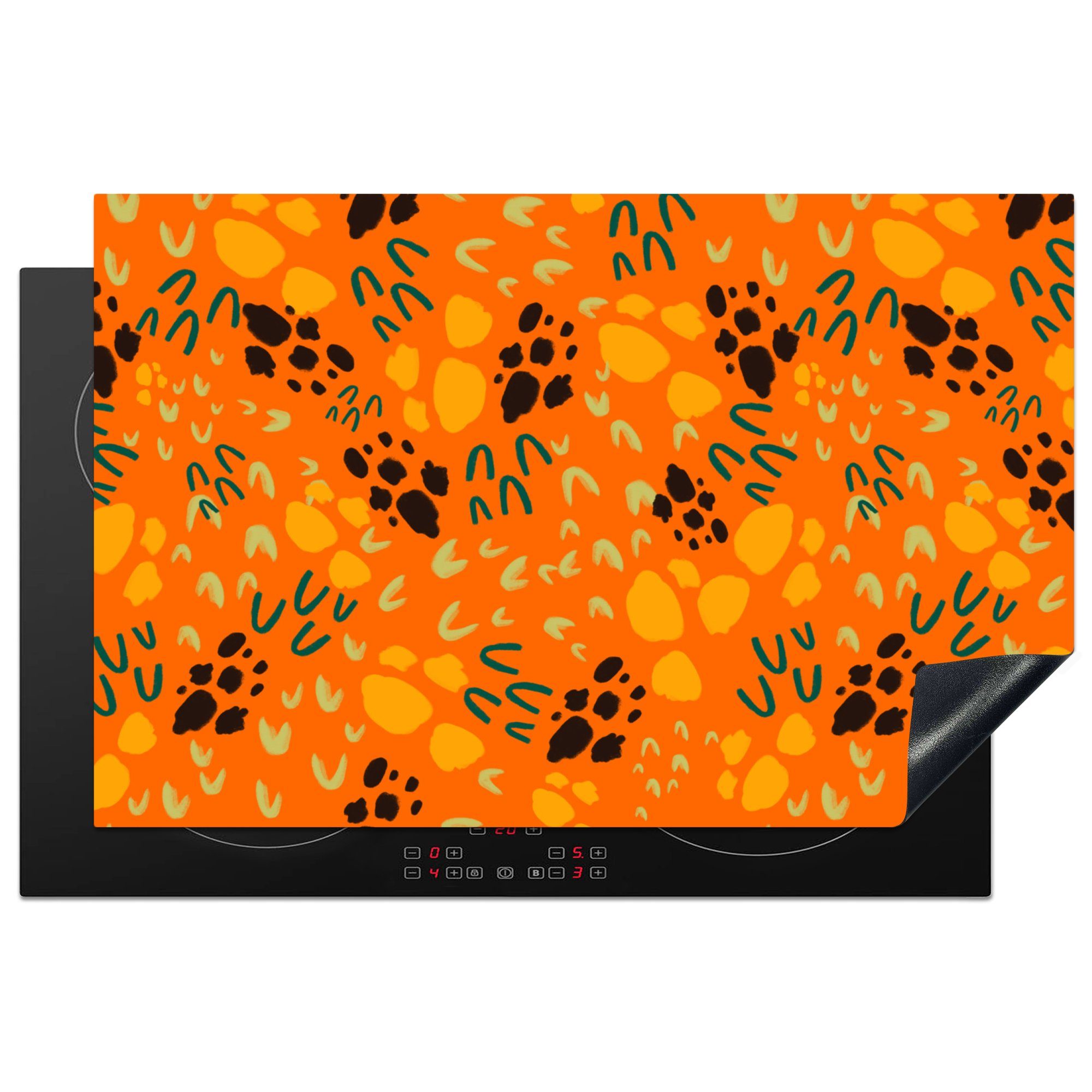 MuchoWow Herdblende-/Abdeckplatte Sporen - Orange - Muster, Vinyl, (1 tlg), 81x52 cm, Induktionskochfeld Schutz für die küche, Ceranfeldabdeckung