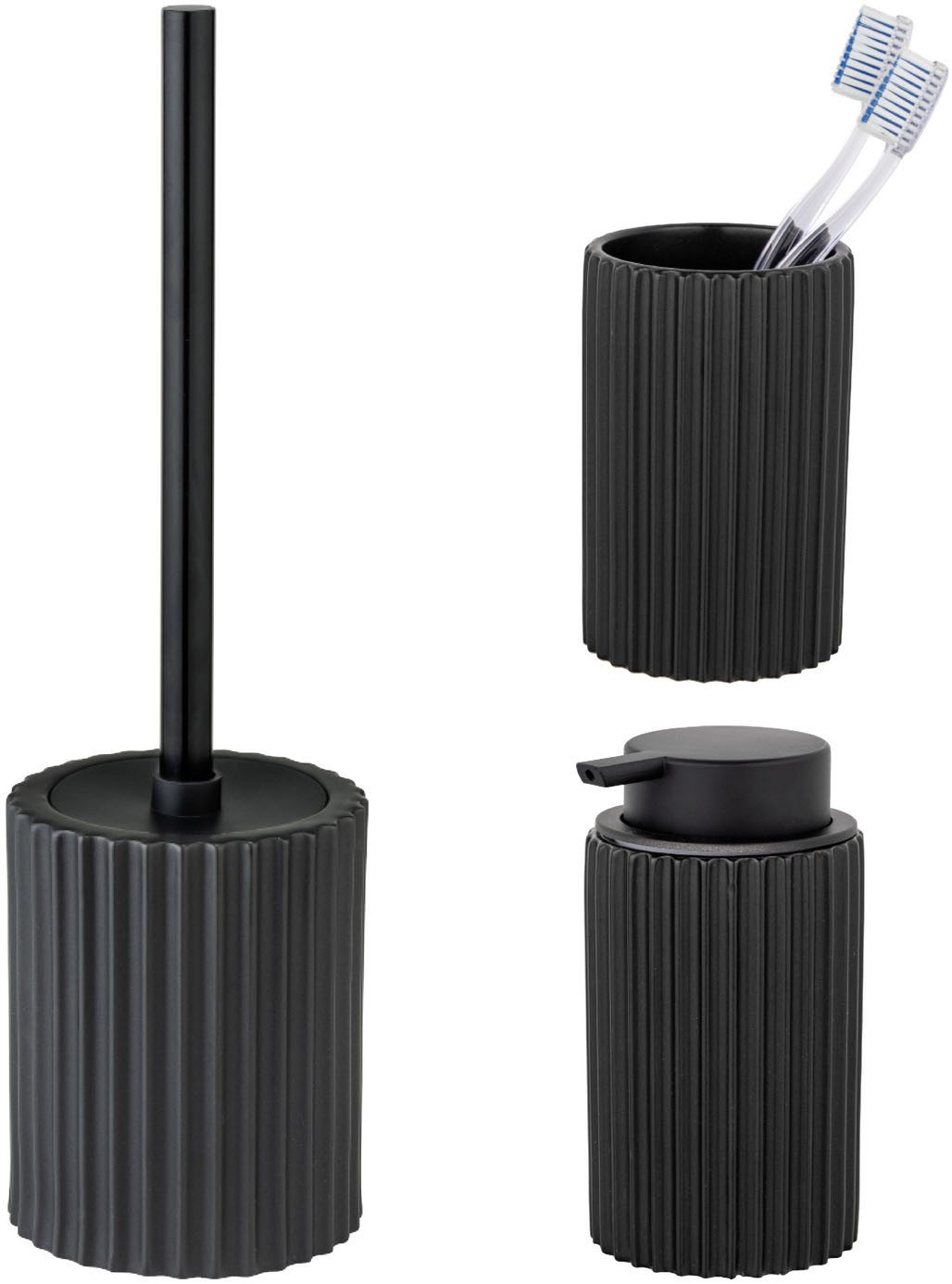 SCHÖNER WOHNEN-Kollektion Badaccessoire-Set »Soliera«, Set, 3 tlg., Zahnputzbecher, Seifenspender & WC-Garnitur, Keramik, Rillenstruktur