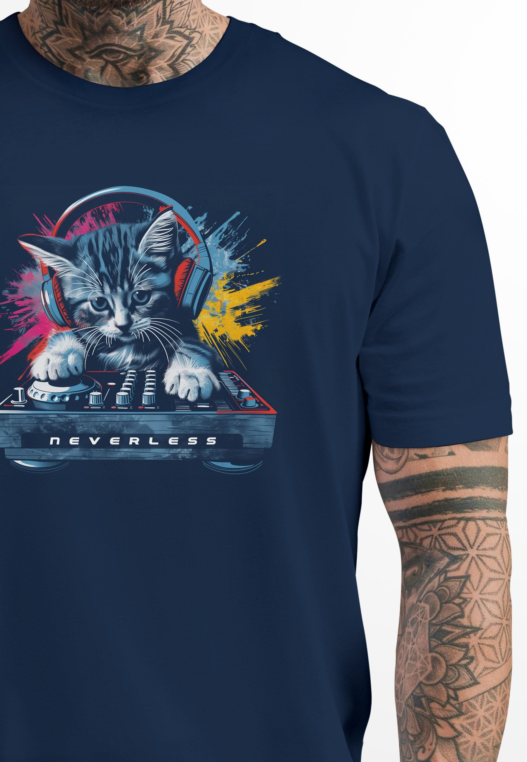 Neverless Print-Shirt Herren T-Shirt Techno DJ Katze Electronic Music Rave günstig online kaufen