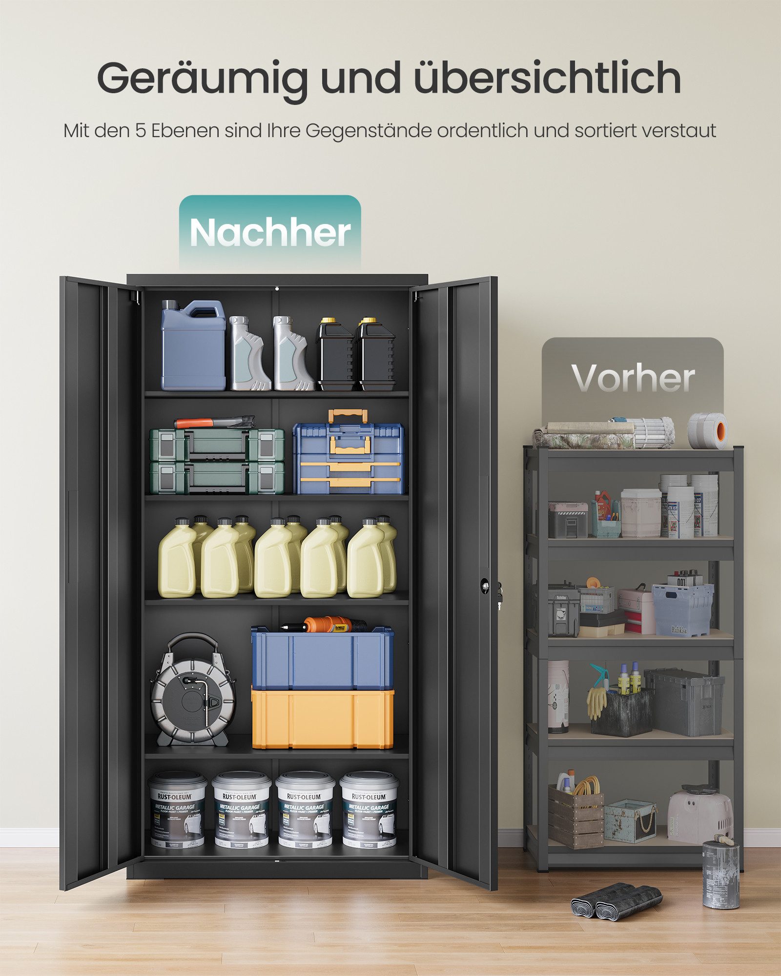 SONGMICS Aktenschrank 5 Ebenen, Mehrzweckschrank Metall, 60/80 x 180 x 40 cm Werkzeugschrank, abschließbar, verstellbare Ablagen, Doppeltüren