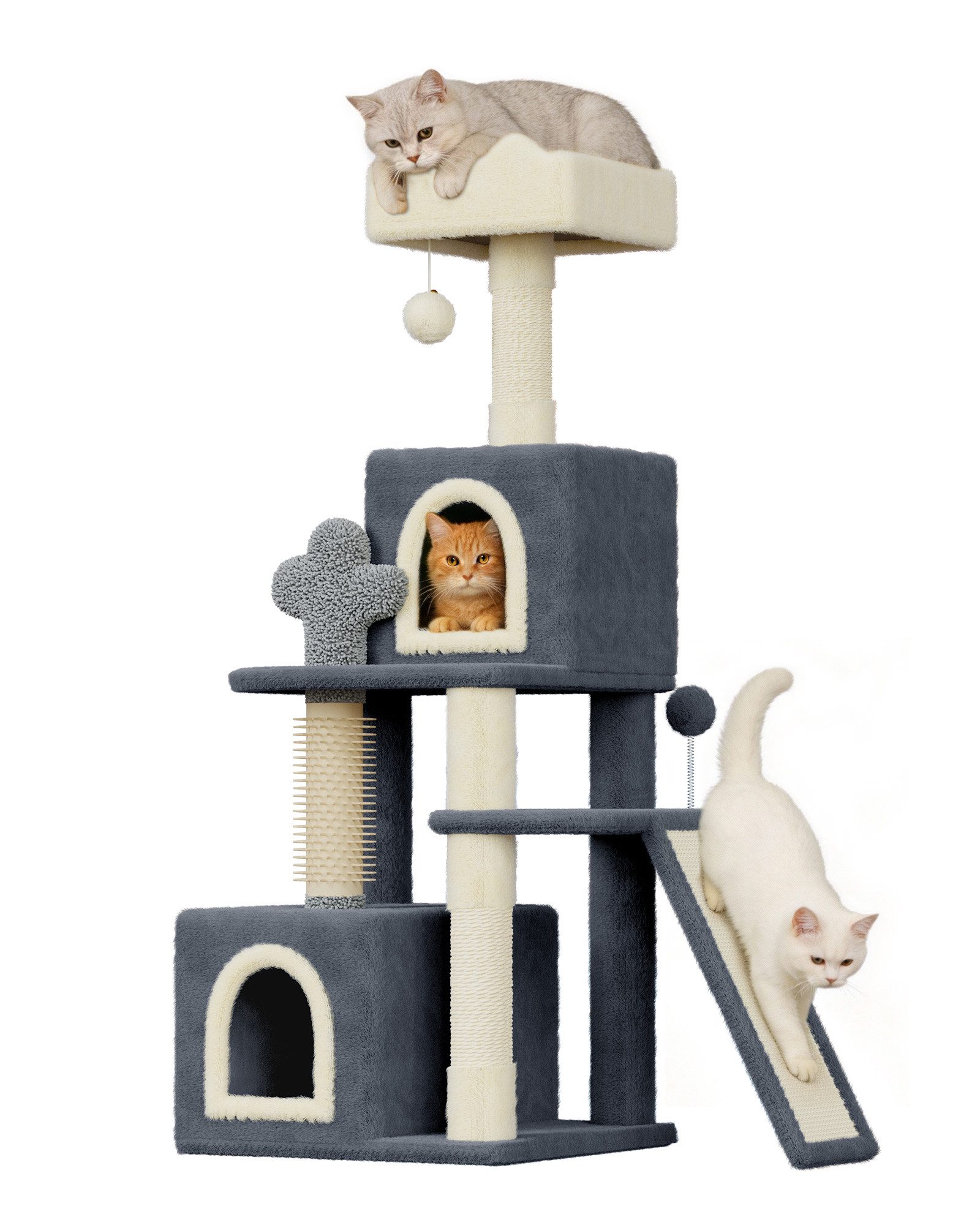 Dogat Kratzbaum Katzenkratzbaum 131 cm, Stabiler mit Höhle, Sisalstämmen und Spielball, 48x48x131 cm, für Wohnungskatzen & Mehrkatzenhaushalte