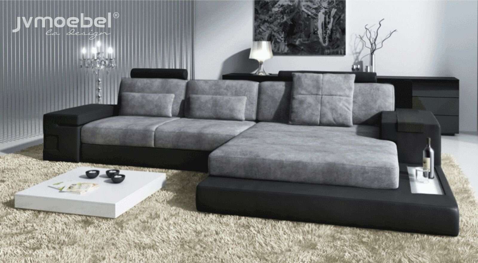 JVmoebel Ecksofa Ecksofa Wohnzimmer L-Form in Polster Design, Grau/Schwarz Made Sofa TextilLeder Europe
