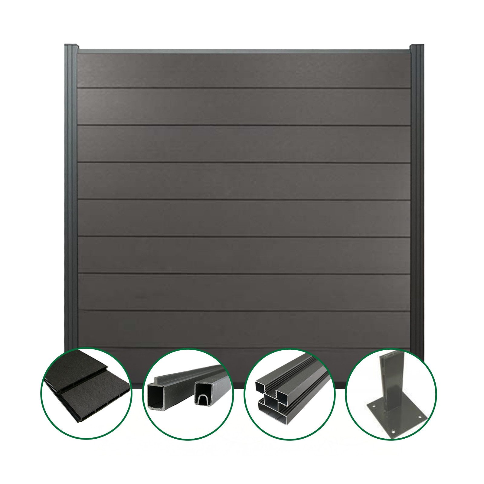 Woodstore24 Zaun WoodoZaun WPC Sichtschutzzaun anthrazit zum Aufdübeln, (Sichtschutz - 1,85 m Breite, 1,80 m Höhe, 2cm Stärke, Lamellenzaun Komplettset inkl. Pfosten, Pfostenträger, Profile), Stecksystem, Lamelle aus recyceltem Kunststoff & Holzfasern, anthrazit