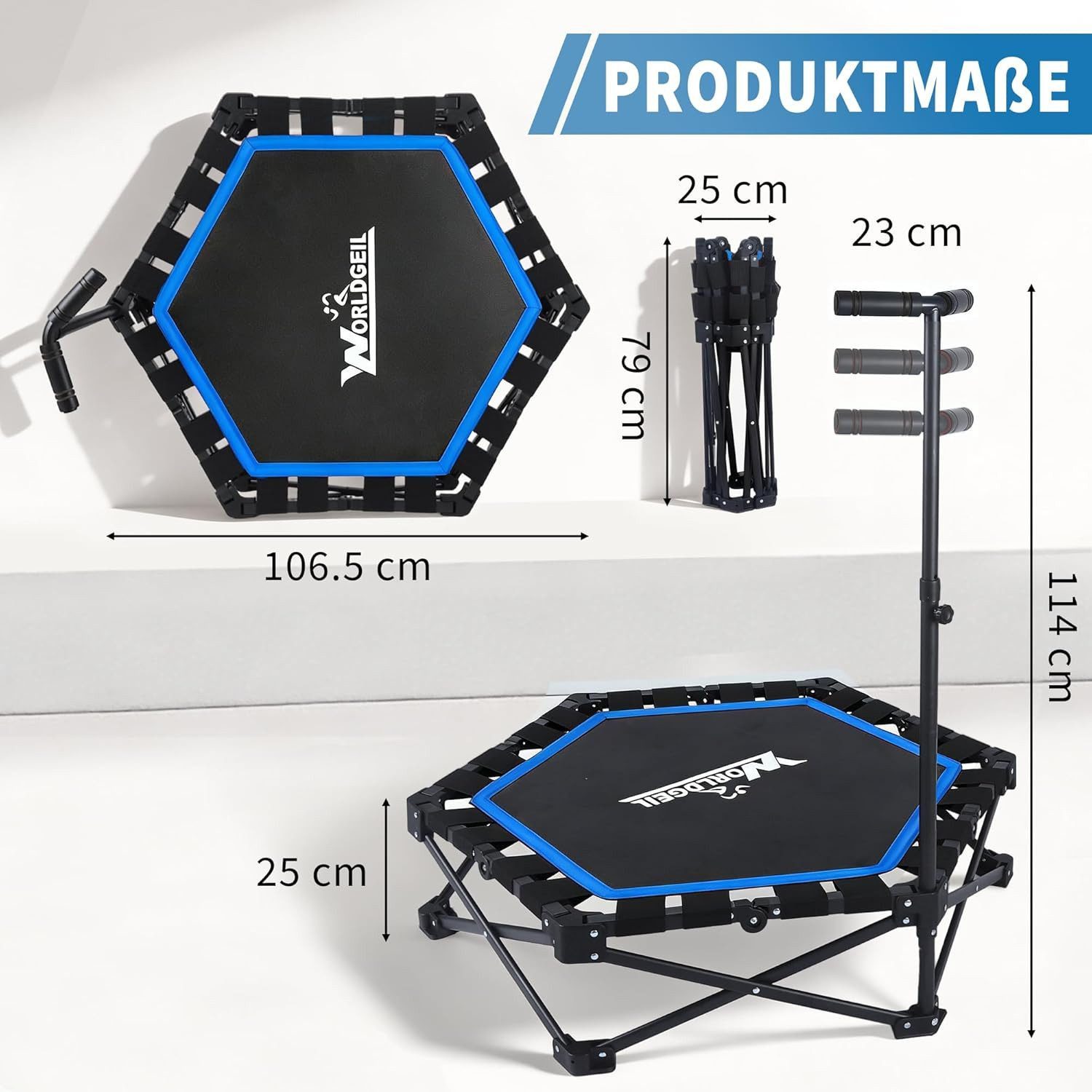 Nettlife Fitnesstrampolin klappbar Mini Trampolin höhenverstellbarem Griff bis 150 kg, Indoor Trampolin für Erwachsene & Kinder Sportgeräte für Zuhause