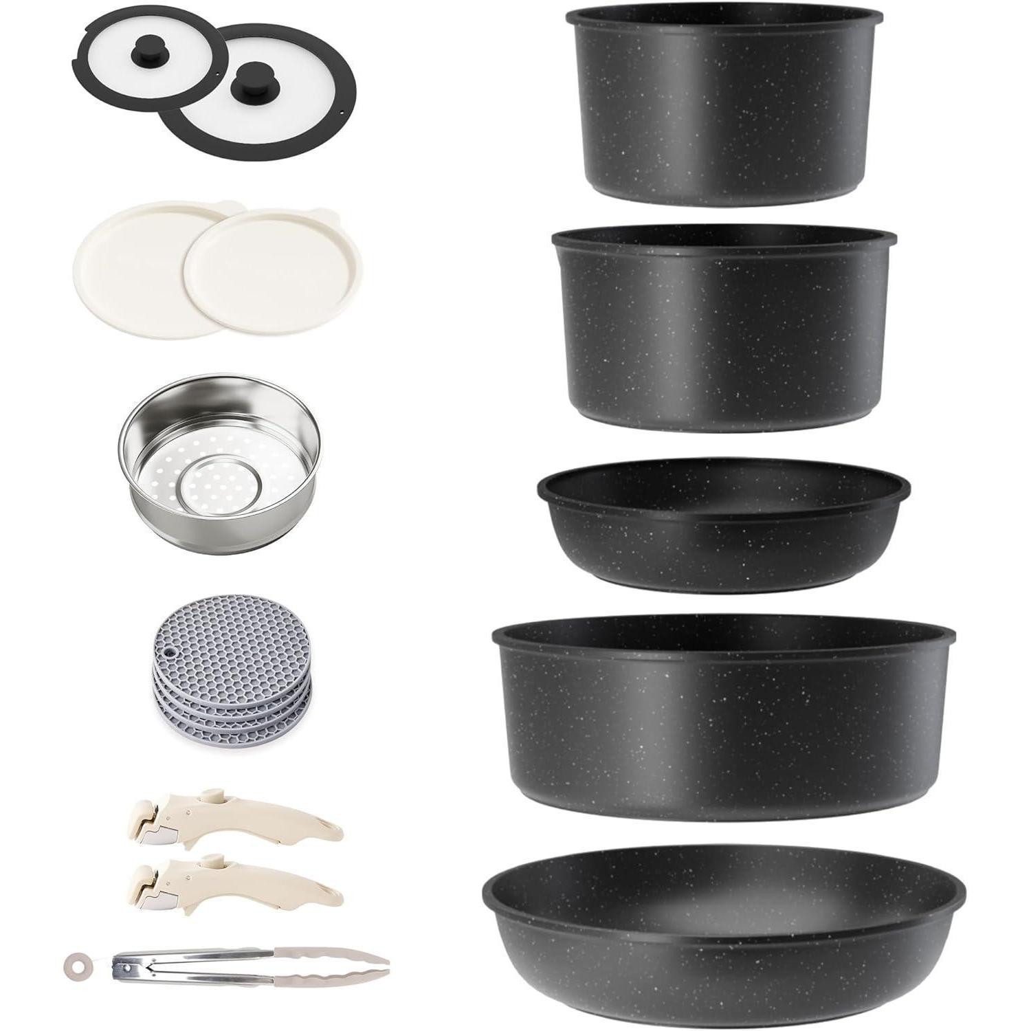 Topf-Set Induktion Töpfe und Pfannen Set mit abnehmbaren Griffen und Silikon