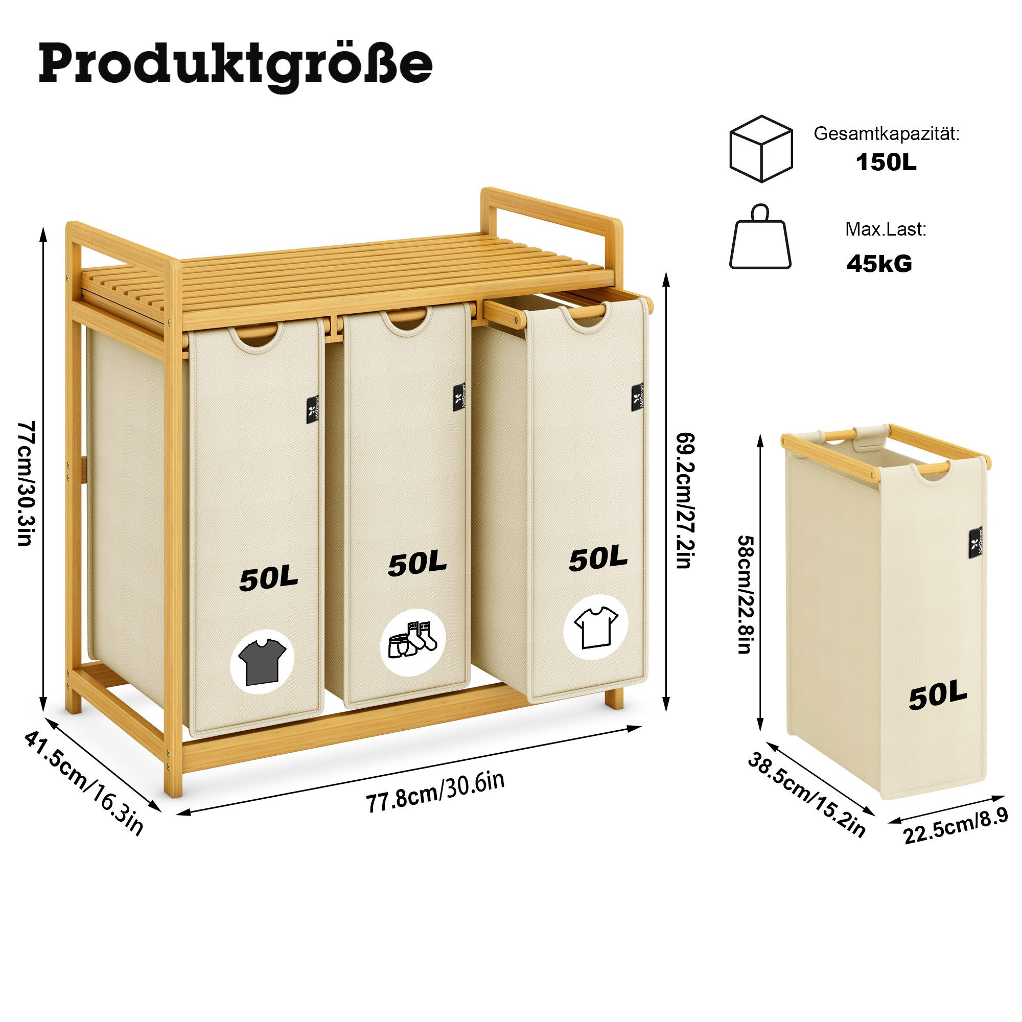 AdelDream Wäschekorb Wäschekörbe mit Bambusrahmen, 150 l, 3 Fächer günstig online kaufen
