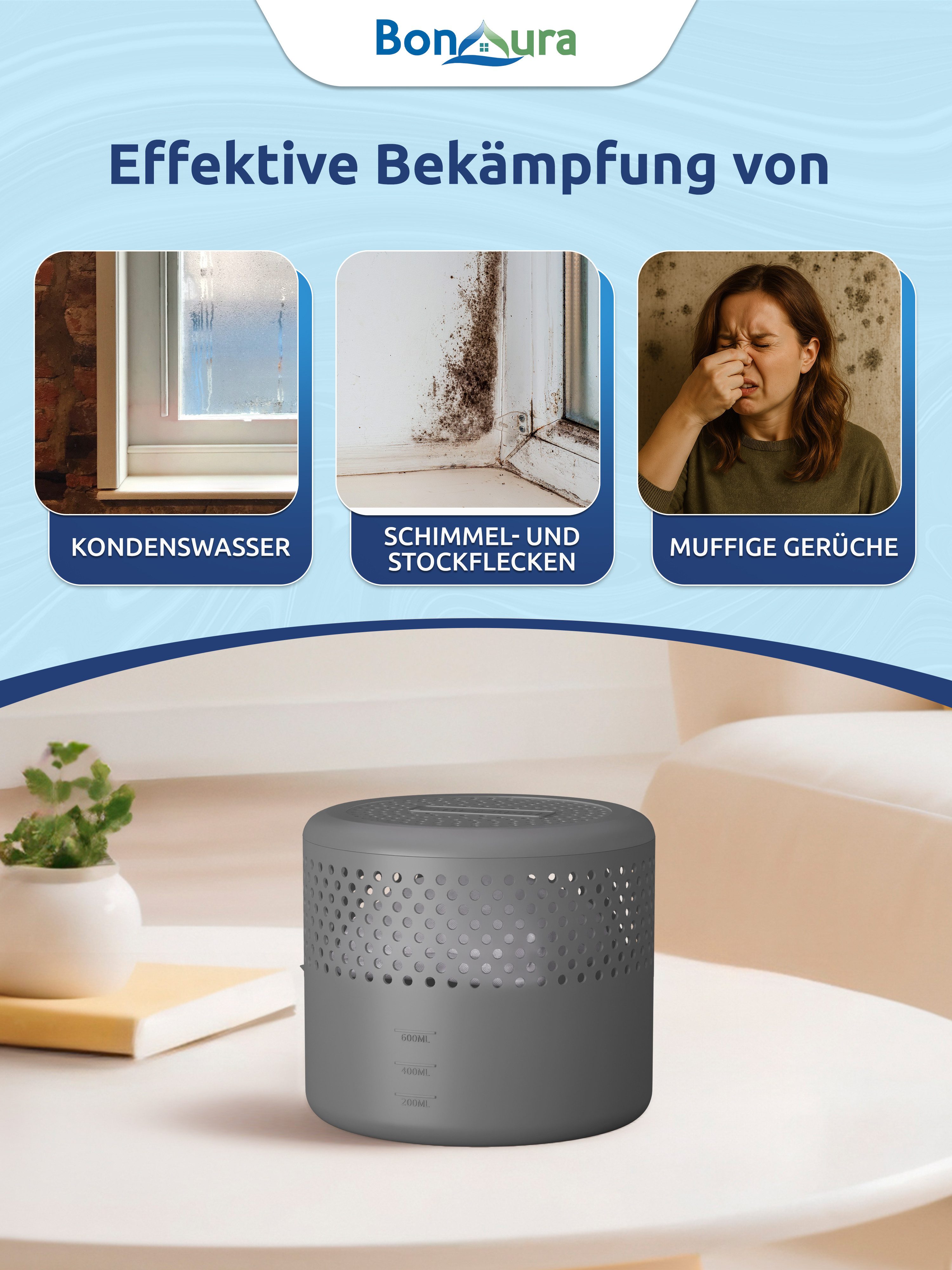 BonAura Luftentfeuchter ohne Strom, für 88 m³ Räume, Tank 0,6 l, 4x Entfeuchter und 8x Luftentfeuchter Nachfüllpack