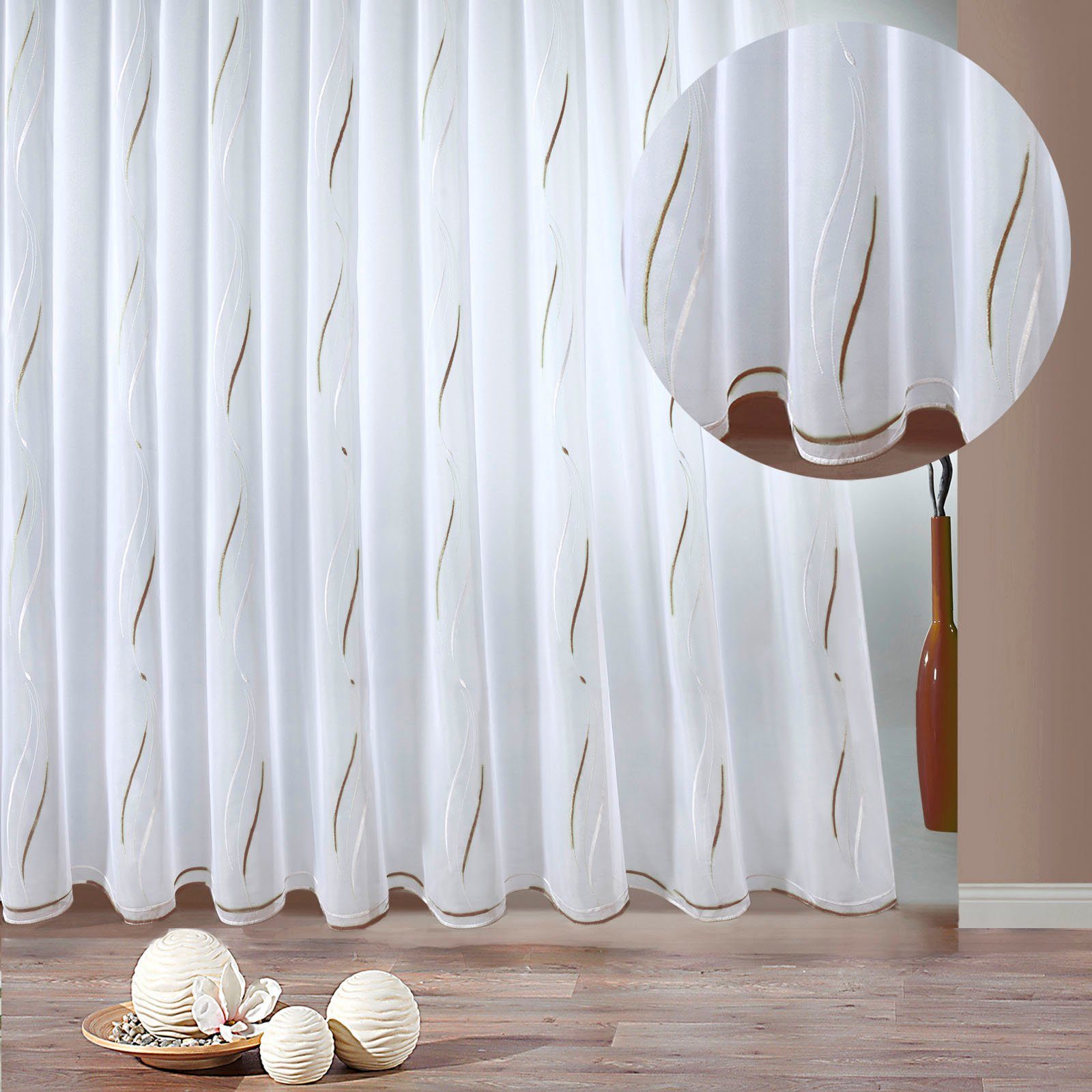 Weckbrodt Gardine VIVIEN (1 St), Smokband, halbtransparent, Voile, echte Stickerei, Voile, Allover, Motiv, Halbtransparent, gebogt, Store