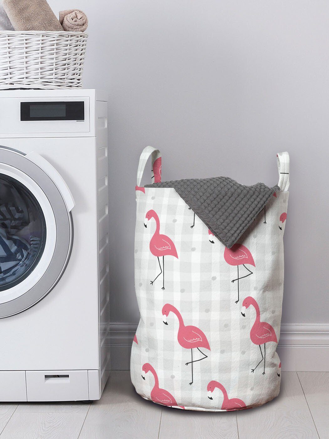 Abakuhaus Wäschesäckchen Wäschekorb auf Kordelzugverschluss mit Flamingo Vögel Checkers Pink Waschsalons, Griffen für