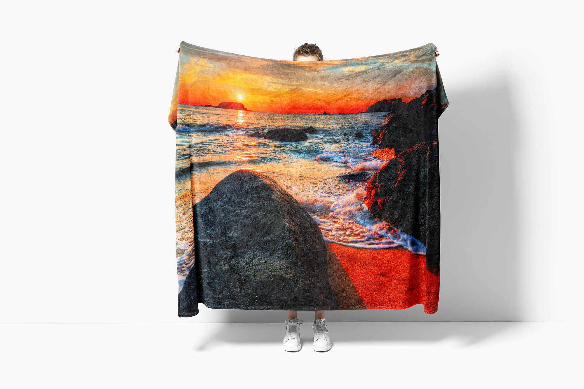 Strandhandtuch Saunatuch Meer Fotomotiv Felsen Art mit Handtuch (1-St), Handtuch Sonnen, Baumwolle-Polyester-Mix Handtücher Kuscheldecke Sinus