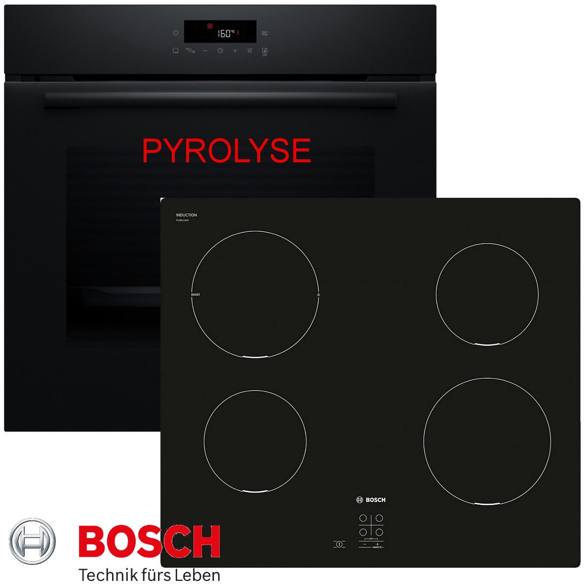 BOSCH Induktions Herd-Set Pyrolyse Backofen Schwarz Autark mit Kochfeld Induktion, Pyrolyse-Selbstreinigung, Pyrolyse + Hydrolyse