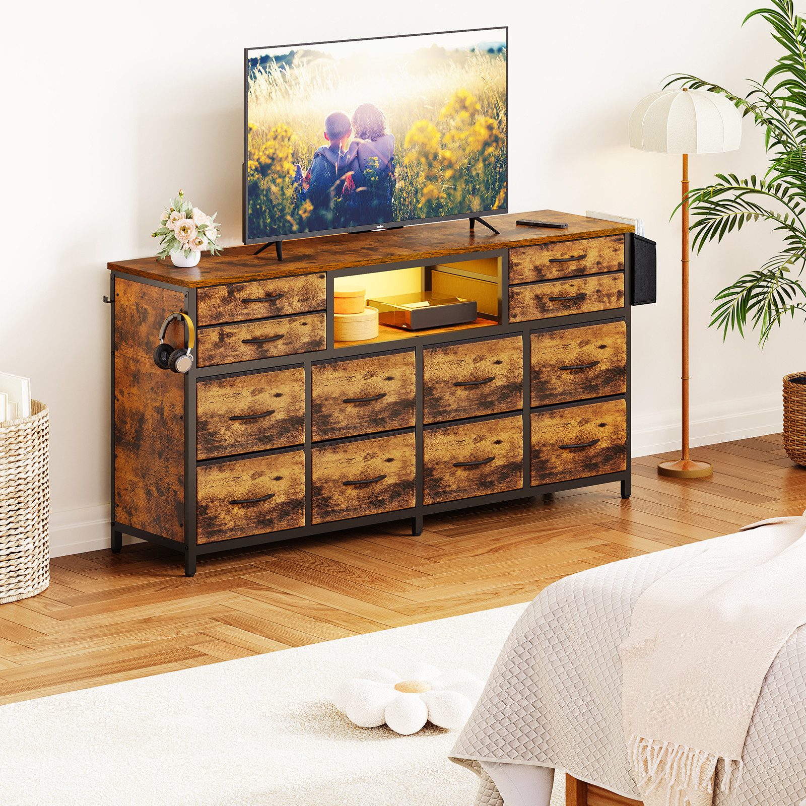 Dripex Lowboard TV Schrank für Fernseher mit LED und Schubladen und offenen Regalen, mit RGB LED Beleuchtung