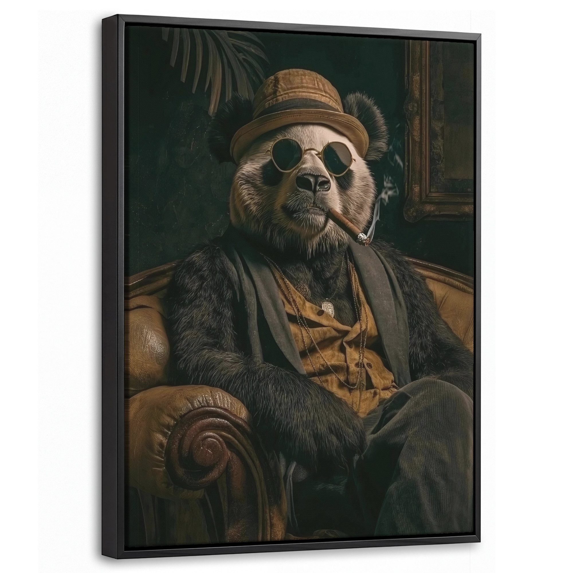 OneMillionCanvasses® Leinwandbild mit Rahmen - Panda - Hut - Brille - Anzug, Fotodruck (1 St), Wandbild, Schattenfugenrahmen, Aufhängefertig, Wanddeko 30x40cm