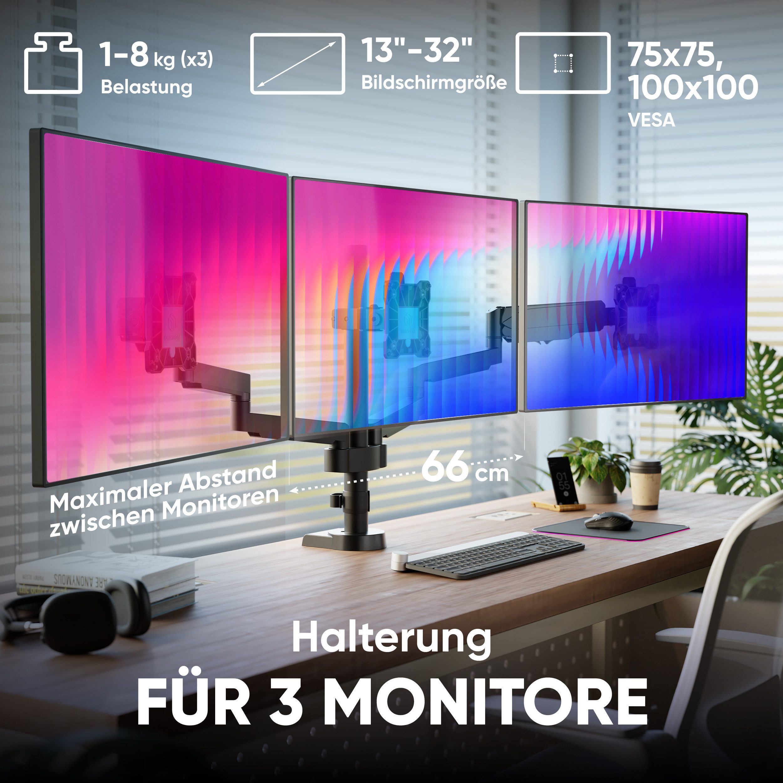 ONKRON Monitor-Halterung 13-32 Zoll, bis 8 kg pro Arm, VESA 75x75-100x100, G280-B, (bis 32 Zoll, neigbar, schwenkbar, drehbar, Gasdruckfeder, Kabelmanagement)