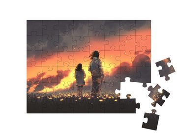 puzzleYOU Puzzle Junges Paar steht in leuchtender Blumenwiese, 48 Puzzleteile, puzzleYOU-Kollektionen Fantasy